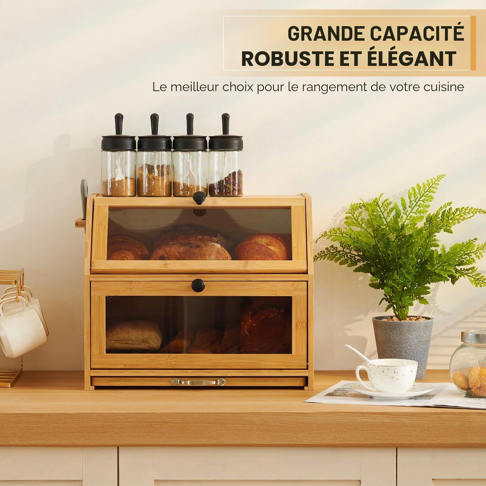 Youdenova Boîte à pain en bambou écologique - Avec planche à découper - Boîte de rangement - Pour pain, pain grillé - 39 x 26 x 32,5 cm (L x l x h) - Naturel