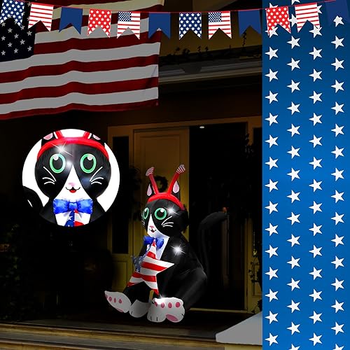 Miniatura 4 de Inflables patrióticos de gato de 5 pies de altura con luces LED integradas para el Día de la Independencia, decoración al aire libre para fiesta del