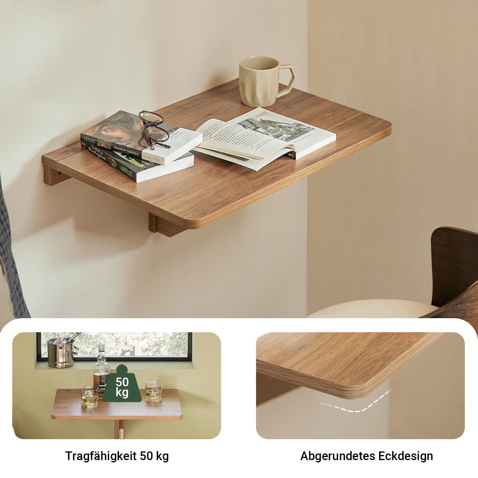 SoBuy Wandklapptisch Faltbarer Esstisch Kompakter Küchentisch Platzsparendes Design Klapptisch für Kleine Räume Wandmontierter Tisch 60x40cm Vintage FWT03-PF