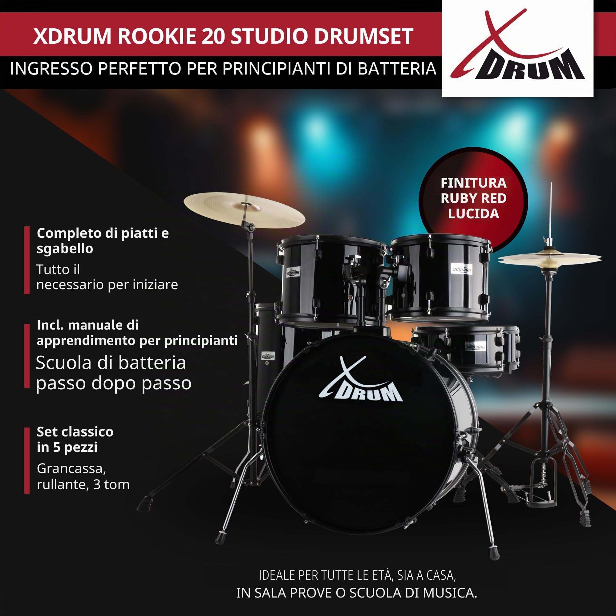 XDrum Rookie 20" Studio Batteria Black più Set di Smorzatori, 14" TT | Fusti in pioppo acusticamente pregiato con pellicola speciale, Hardware nero a doppio rinforzo a 5 pezzi, 14" TT, 14" SD