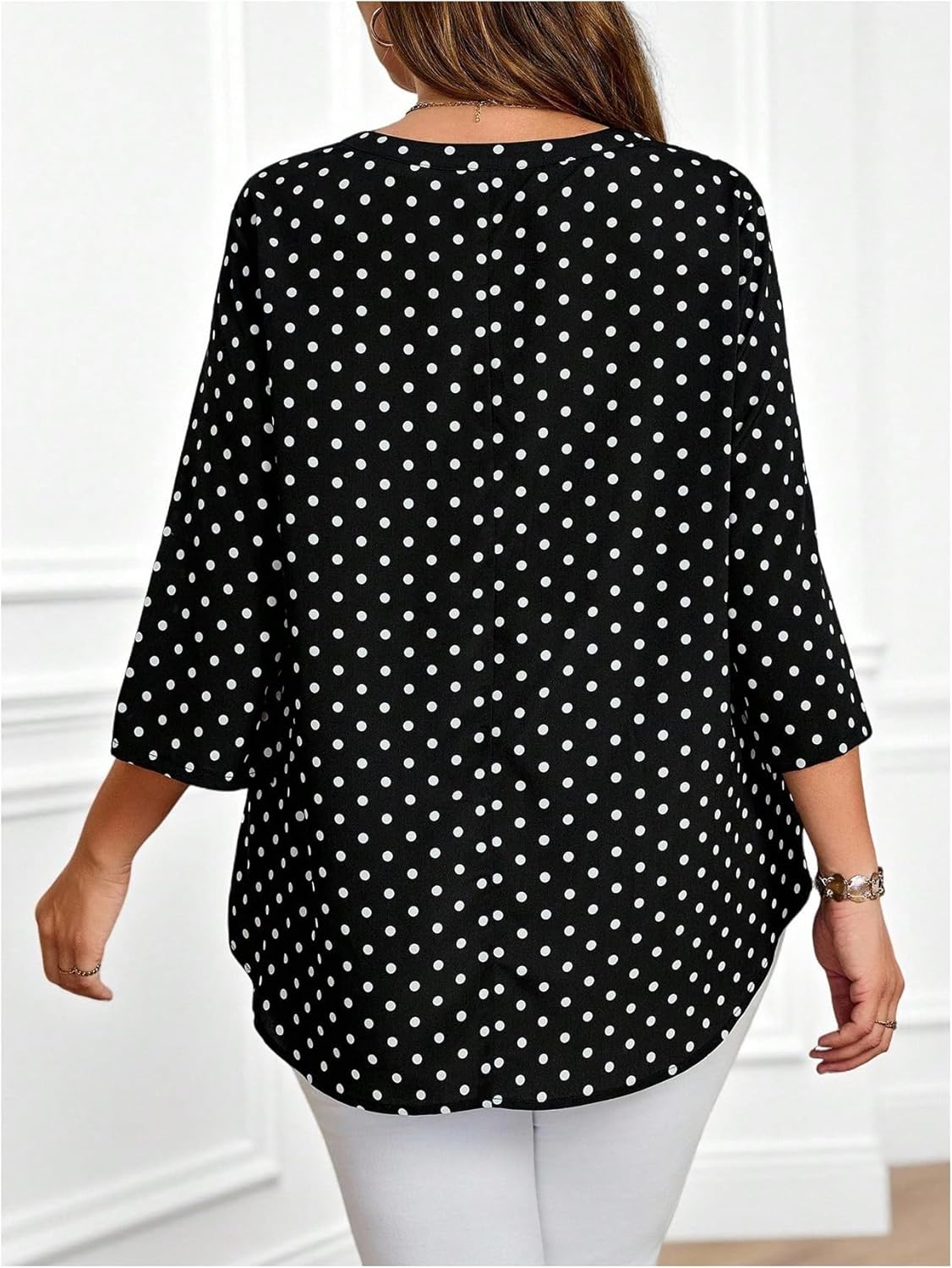 Verdusa Women's Plus Size Polka Dots Button Down Blouse 3/4 Sleeve Notch V Neck Vintage Shirts - Image 2