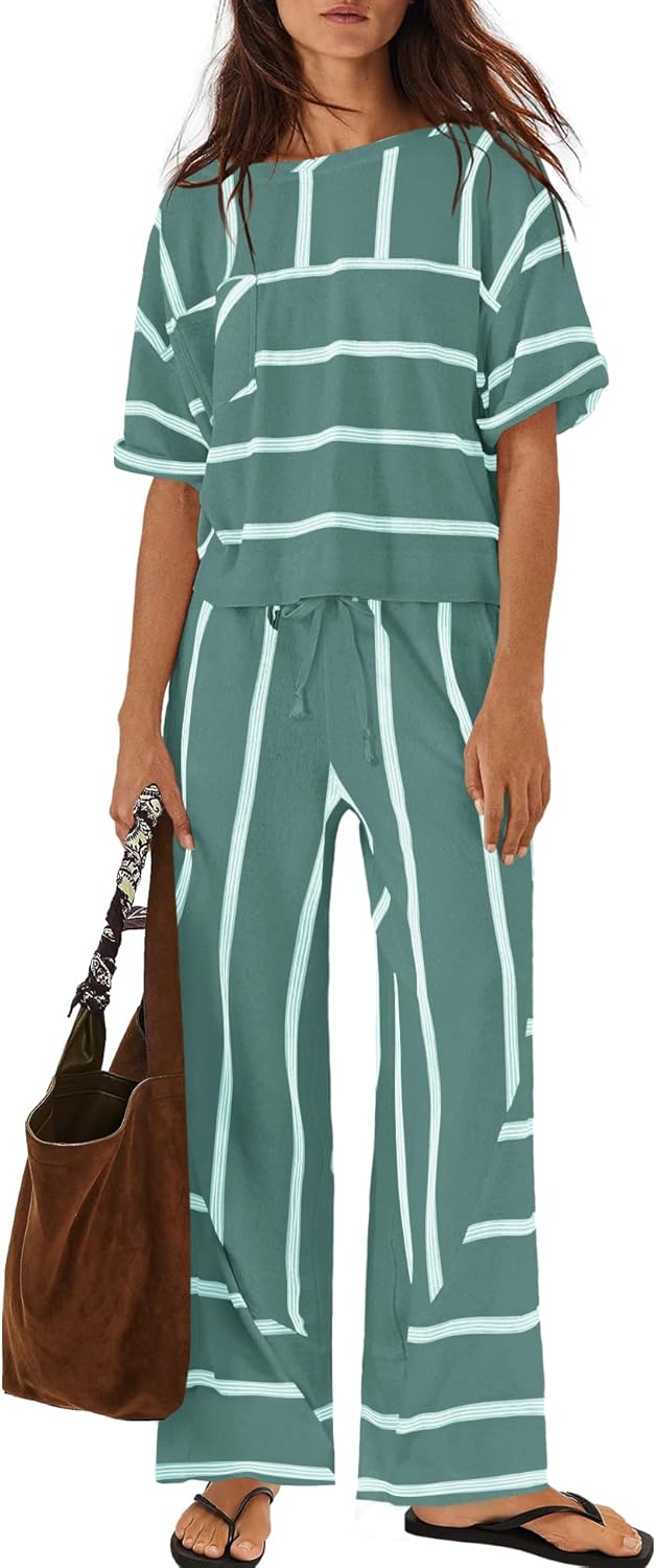Panadila Womens Striped Lounge Set 2 Piece Summer Travel Vacation Sets Short Sleeve Tops and Wide Leg Pants with Pockets
