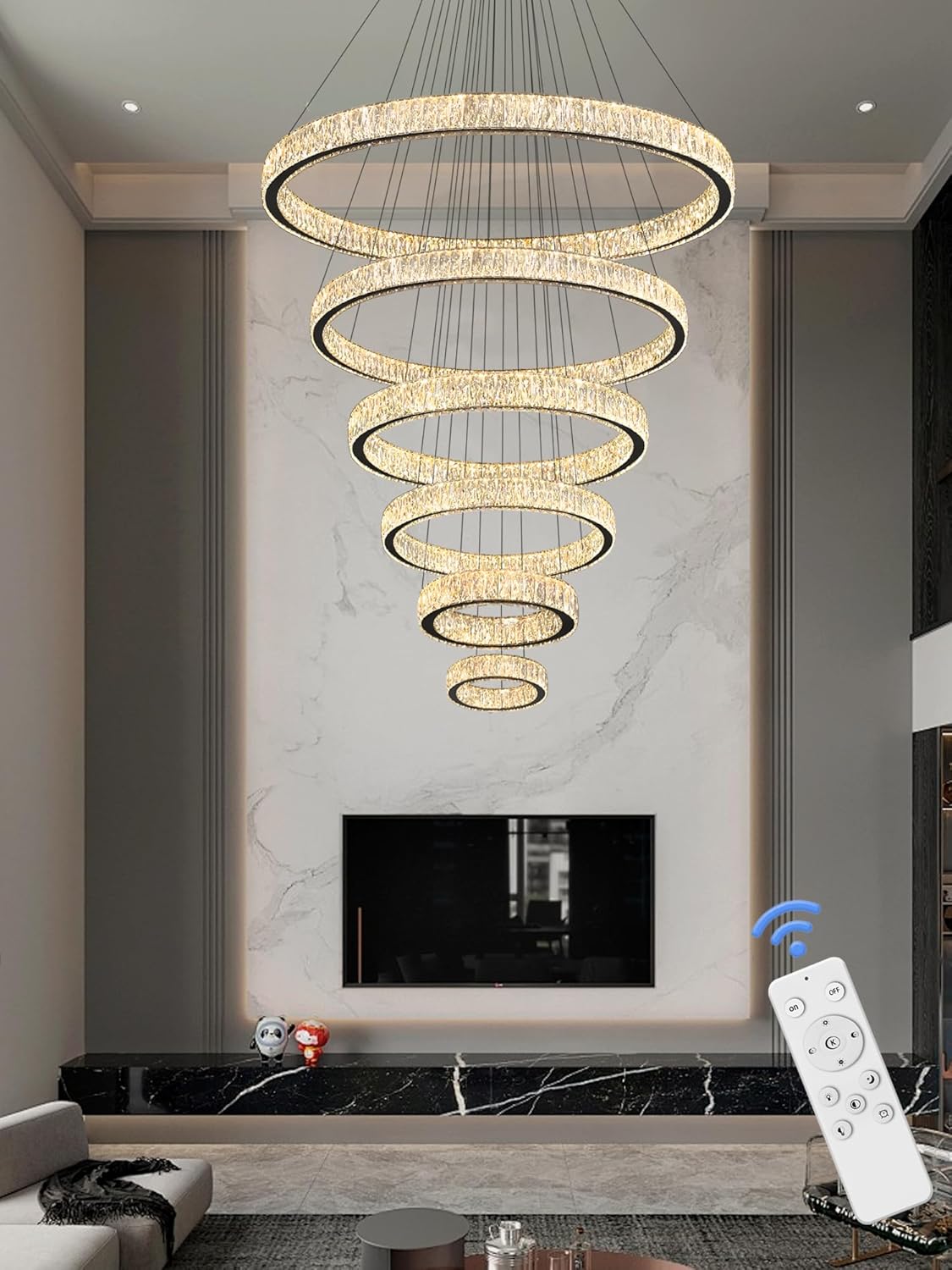 Extra Large 6 Ring Crystal Chandelier Modern LED Long Crystal Chandelier for High Ceiling Height Adjustable Black D8+15.7"+23.6"+31.5"+39.4"+47.5" Dimmable 2700K-6000K