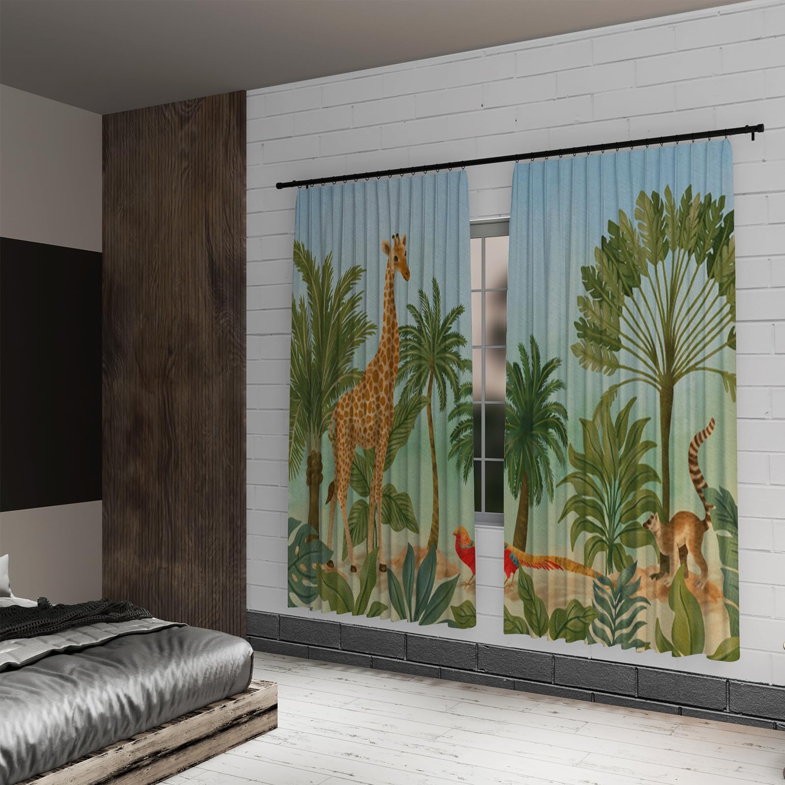 ggaimwf Safari Curtains for Nursery Jungle Giraffe Bird Palm Trees Zoo Colorful Animal Print Window Curtain Rod Pocket Family Kids Bedroom Interior Dividing Curtain 117x183cm 2 Panels - Image 3