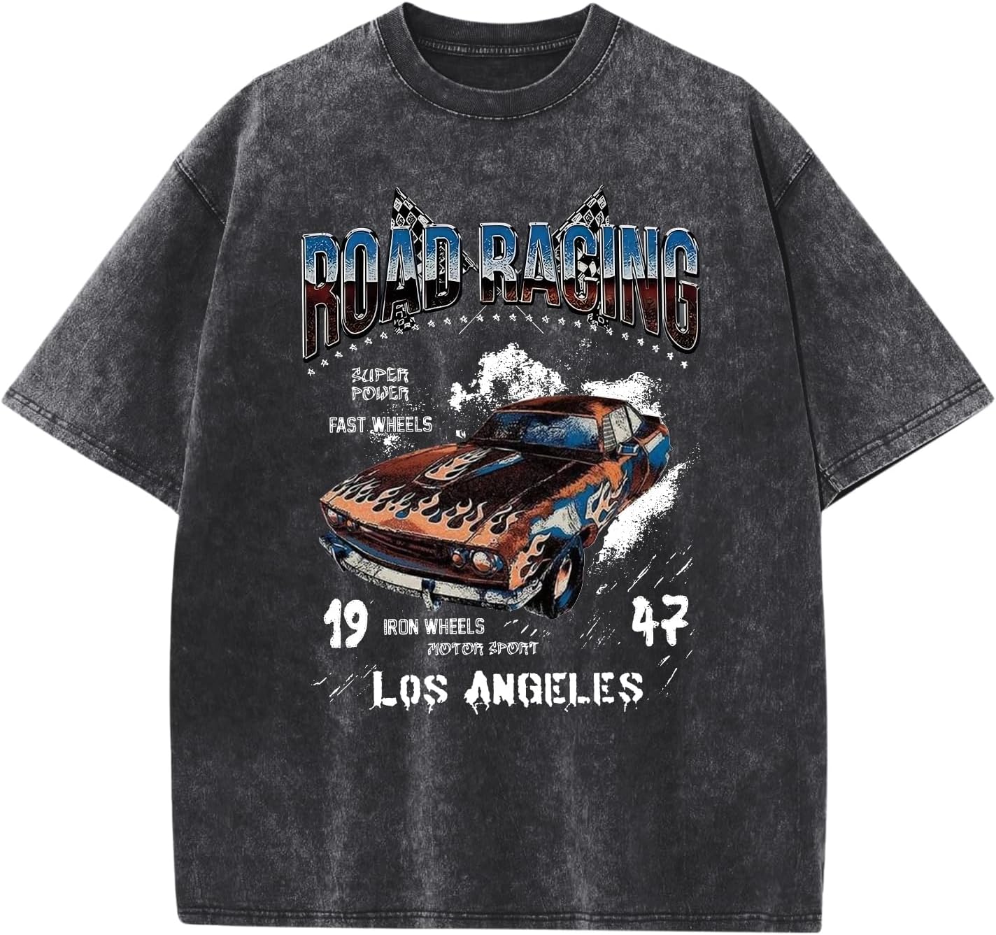Mens Graphic T-Shirts Oversized Acid Wash Tshirt Vintage Streetwear Shirt Cool Road Racing Printed Tee Los Angeles Top