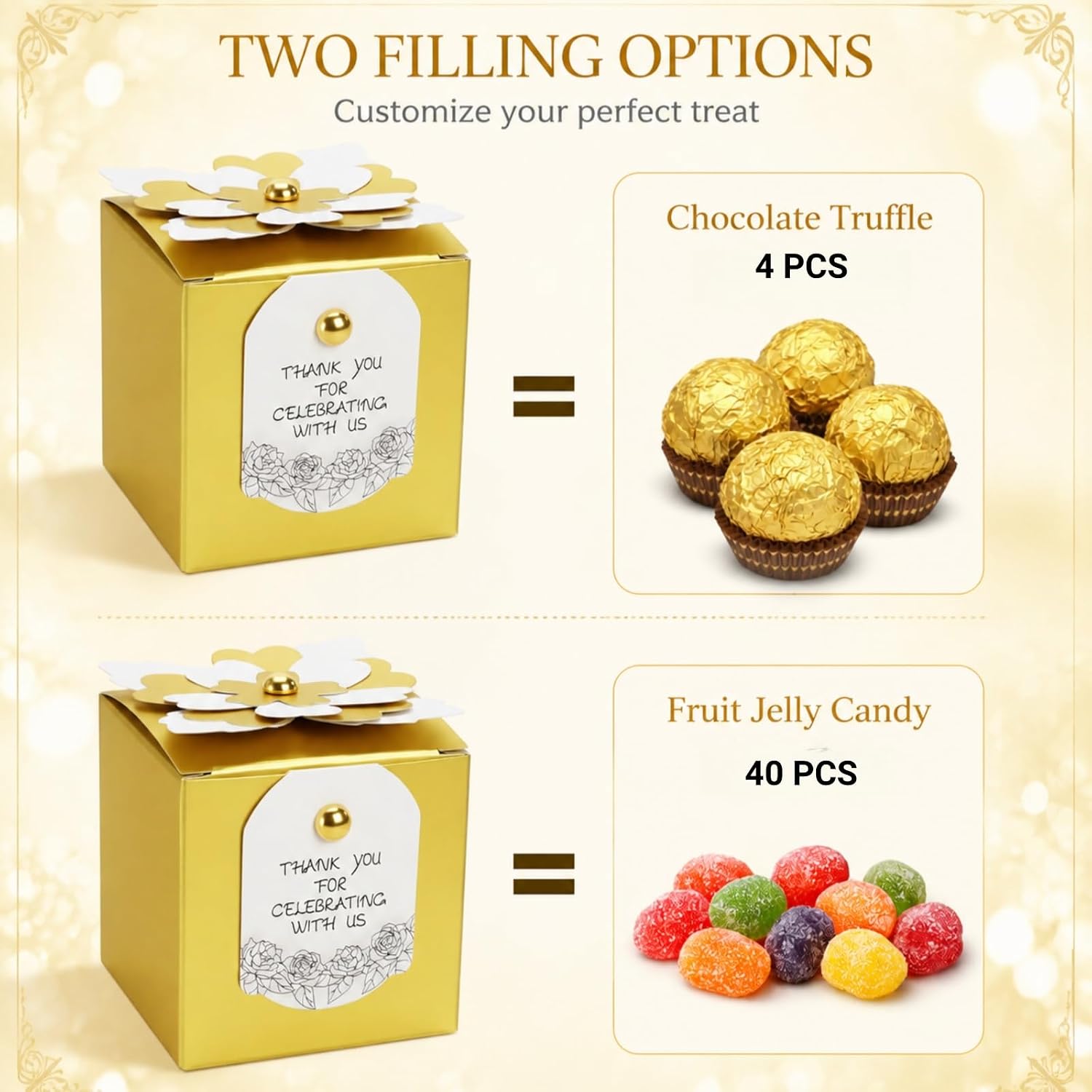Jowgut 30 Pack Gold Wedding Favor Boxes, Included 3D Flower & Thank You Tag image 3
