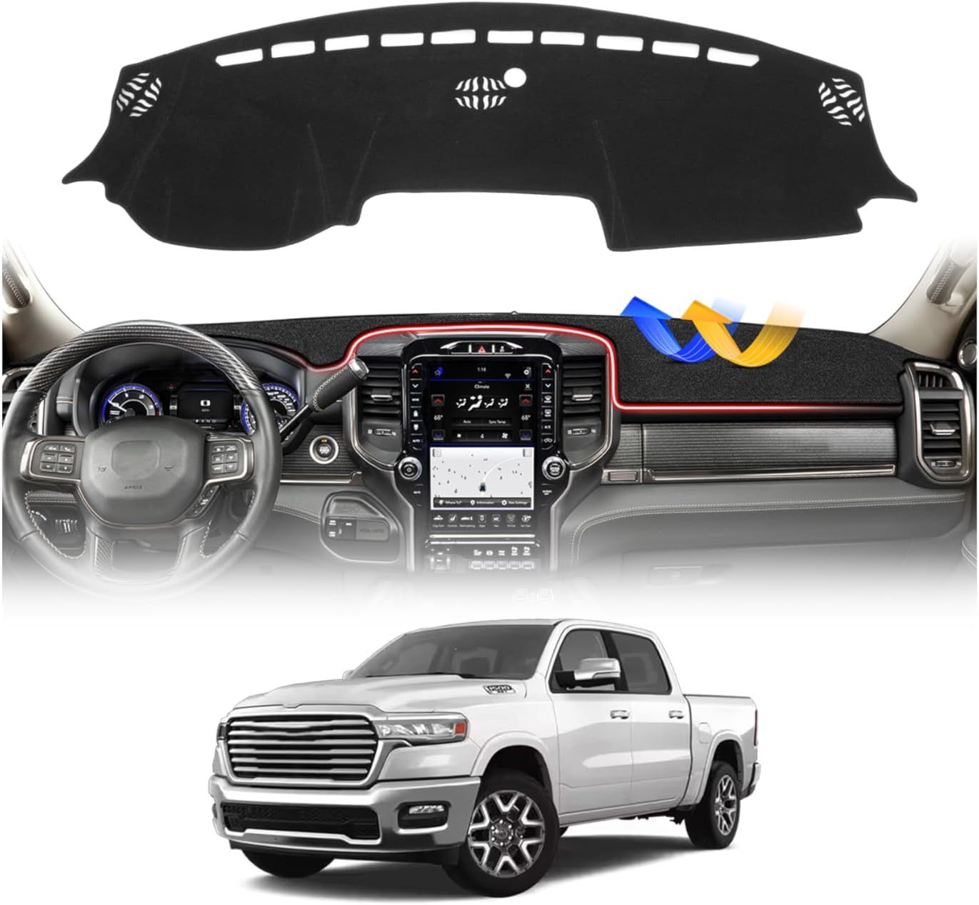 Cartist Dashboard Cover for 2019-2026 Dodge Ram 1500 2500 3500 Dash Cover,OEM Custom Fit Anti-Glare UV Protection Dash Mat,Non-Slip Polyester Car Interior Accessories