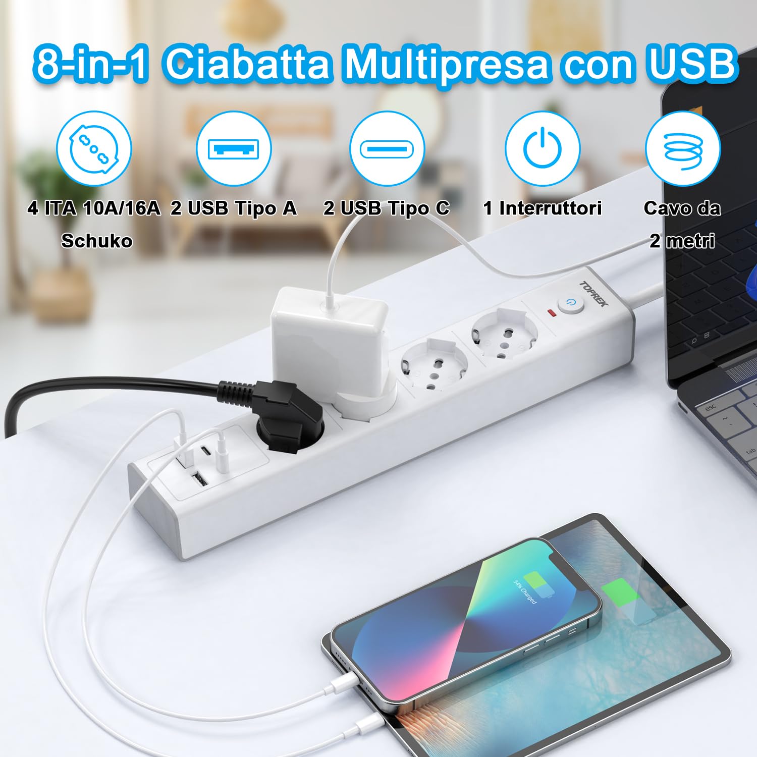 TOPREK Regleta Eléctrica con 4 Tomas Universales ITA 10/16A y Schuko y 2 USB C y 2 USB A, Enchufe Italiano 4000W/16A, Regleta con Interruptor, Cable de 2M (Equipada con 2 Abrazaderas de Plástico)