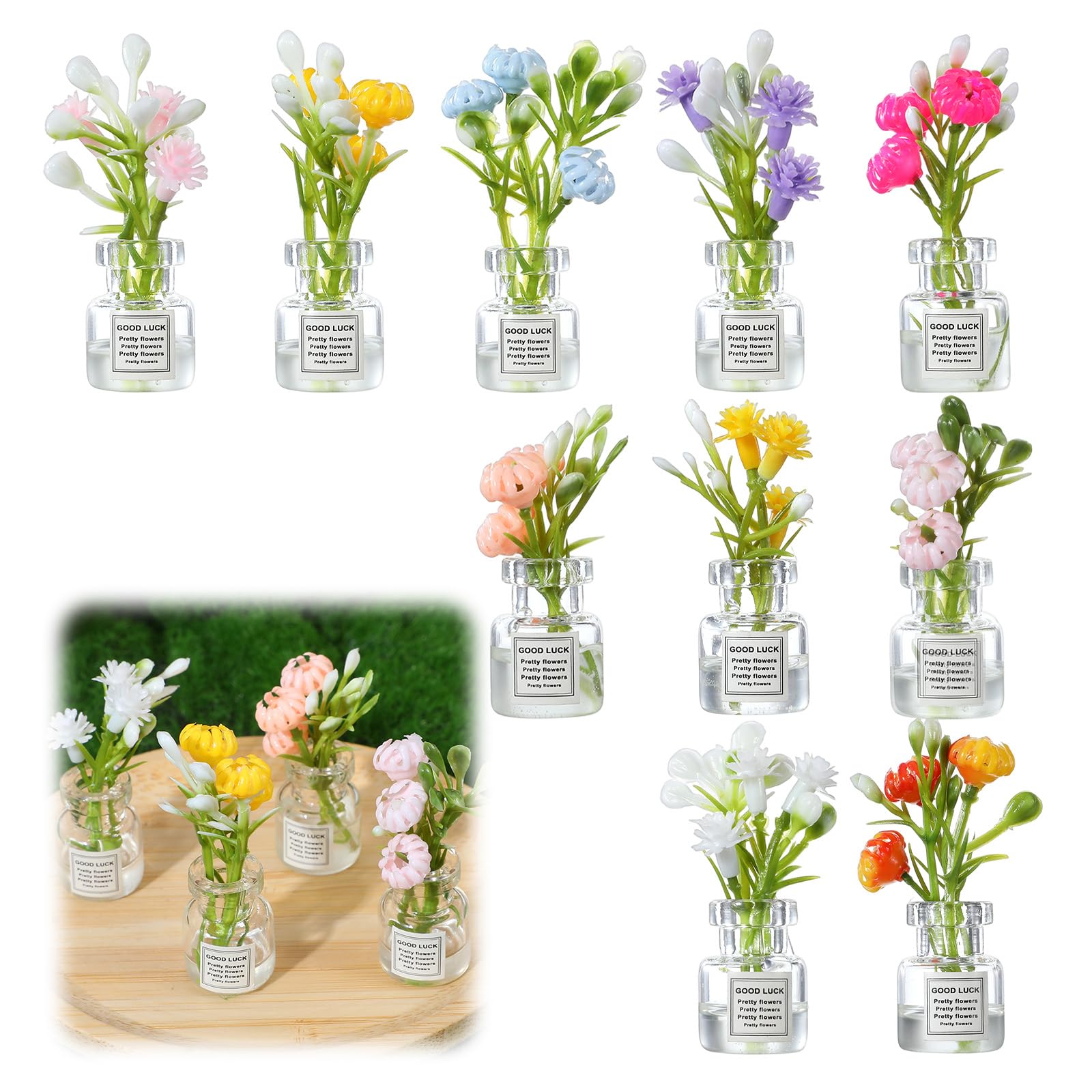 10PCS Miniature Dollhouse Plant Flowers, 1:12 Glow in The Dark Glass Vase Flowers, Mini Faux Flower Model, Miniature Flower in Vase Set for Tiny Houses, Fairy Gardens and Micro Landscapes