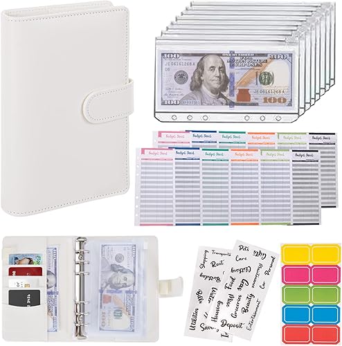 Carpeta de presupuesto, organizador de dinero en efectivo, sobres de cuero A6, carpeta de presupuesto con sobres con cremallera (blanco)