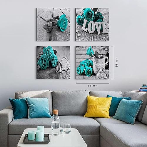 Miniatura 4 de Arte de pared con diseño de rosas de color turquesa, verde azulado, negro y blanco, impresiones de pinturas rústicas y modernas con diseño de amor,