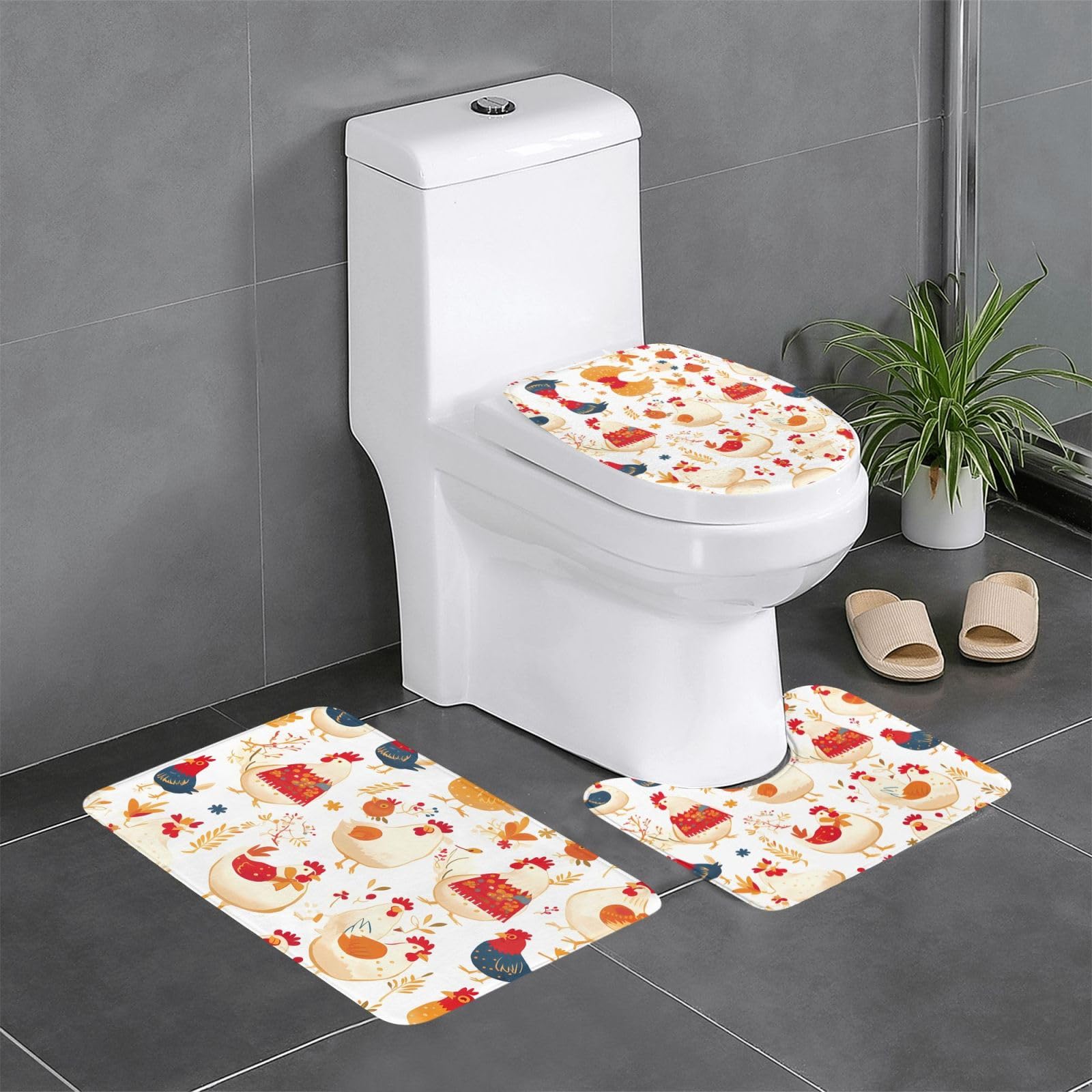 Tapis de salle de bain antidérapants pour coiffeuse et WC motif poule
