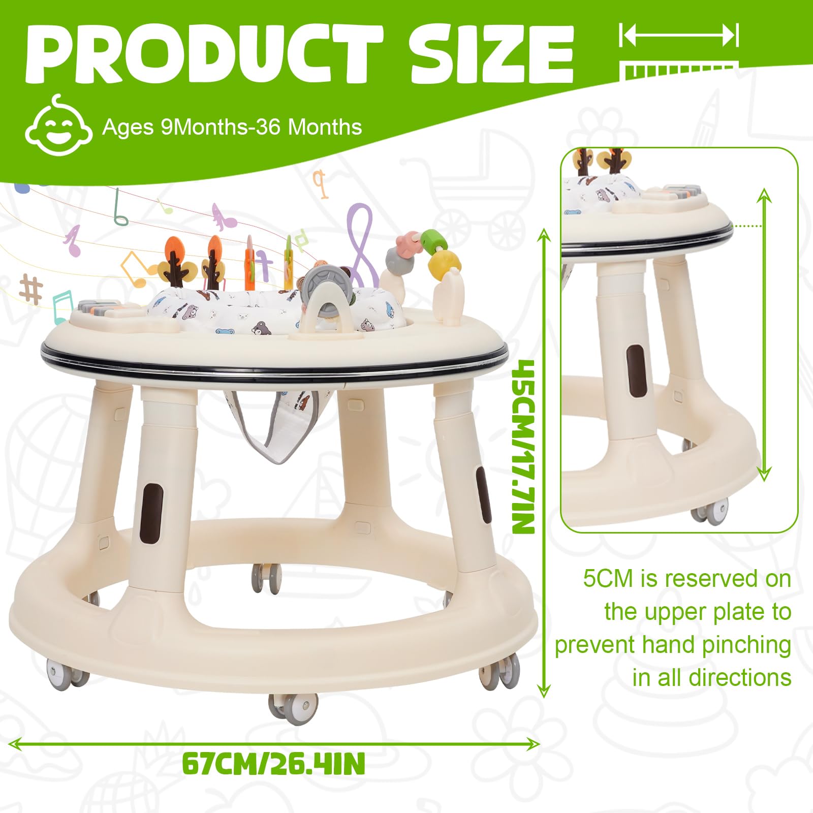 Trotteur Bébé, Réglable en Hauteur avec Siège Pivotant à 360°, Babywalker avec Roues Silencieuses à 360° et Plateau D'activités Musical Amovible,Anti-renversemen,9-18 Mois et Plus
