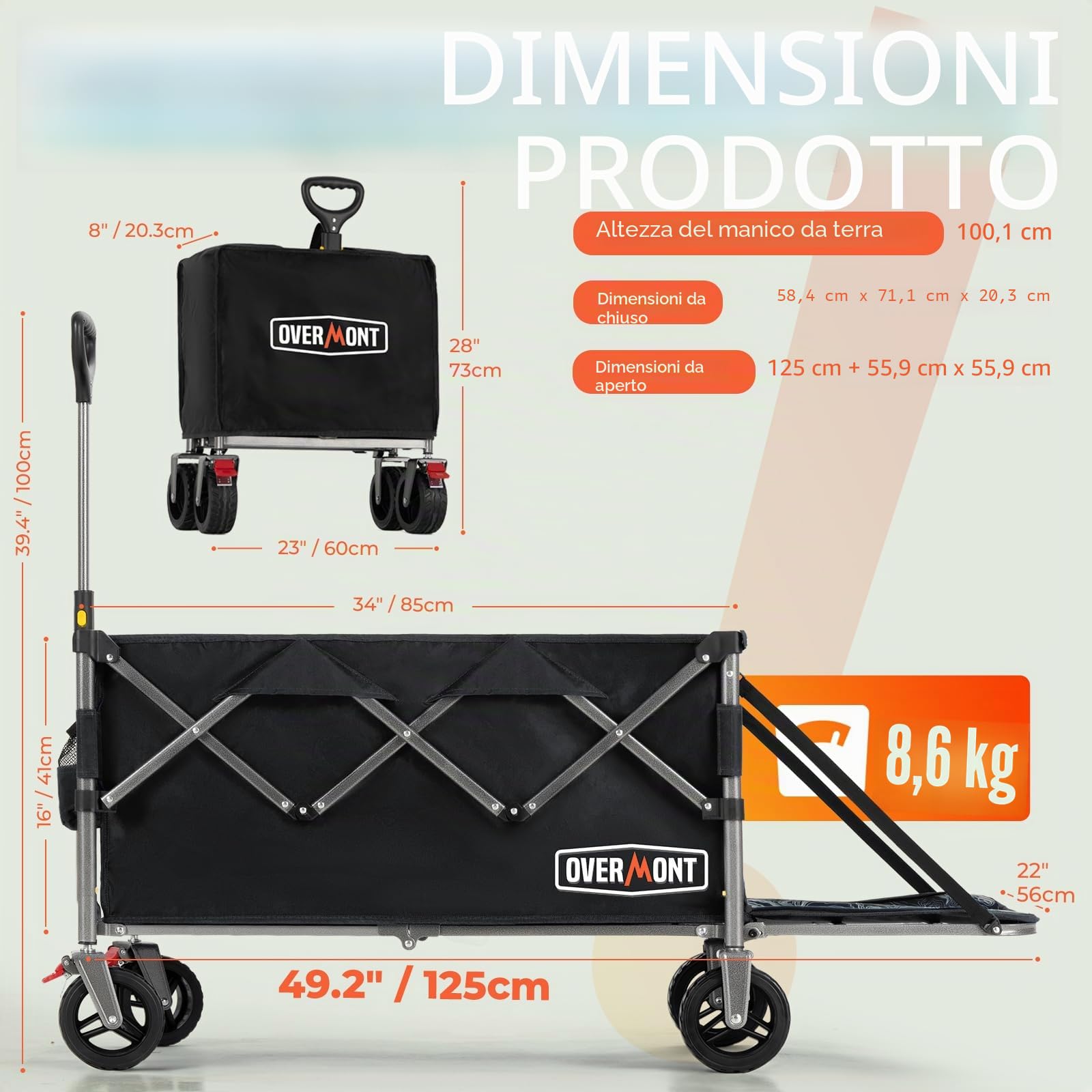 OVERMONT Carrello da Giardino Pieghevole - 200 L/136KG Carrelli da Trasporto Extra Lungo - Carrello da Campeggio Pieghevole con Grandi Ruote per Tutti i Terreni - con Tasca Laterale e 2 Freni