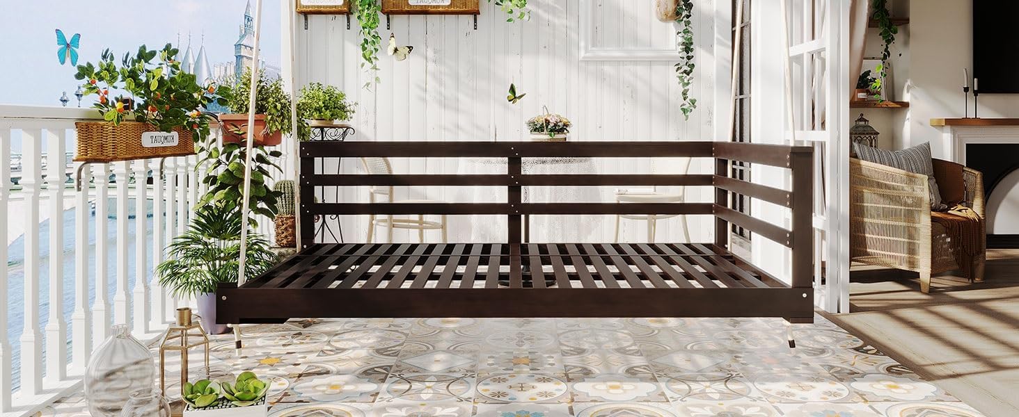 Country Patio Wooden Twin Size Swing Daybed Porch Swing Frame with 4pcs 96 Inches Hemp Ropes – Sturdy Brown Outdoor Hanging Bed for Backyard, Deck