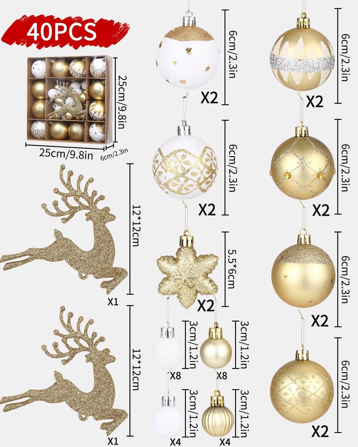 40 Pièces Boules De Noël Or - Kit Décoration Sapin Avec 12 Styles, Fil De Suspension - SOBEAU