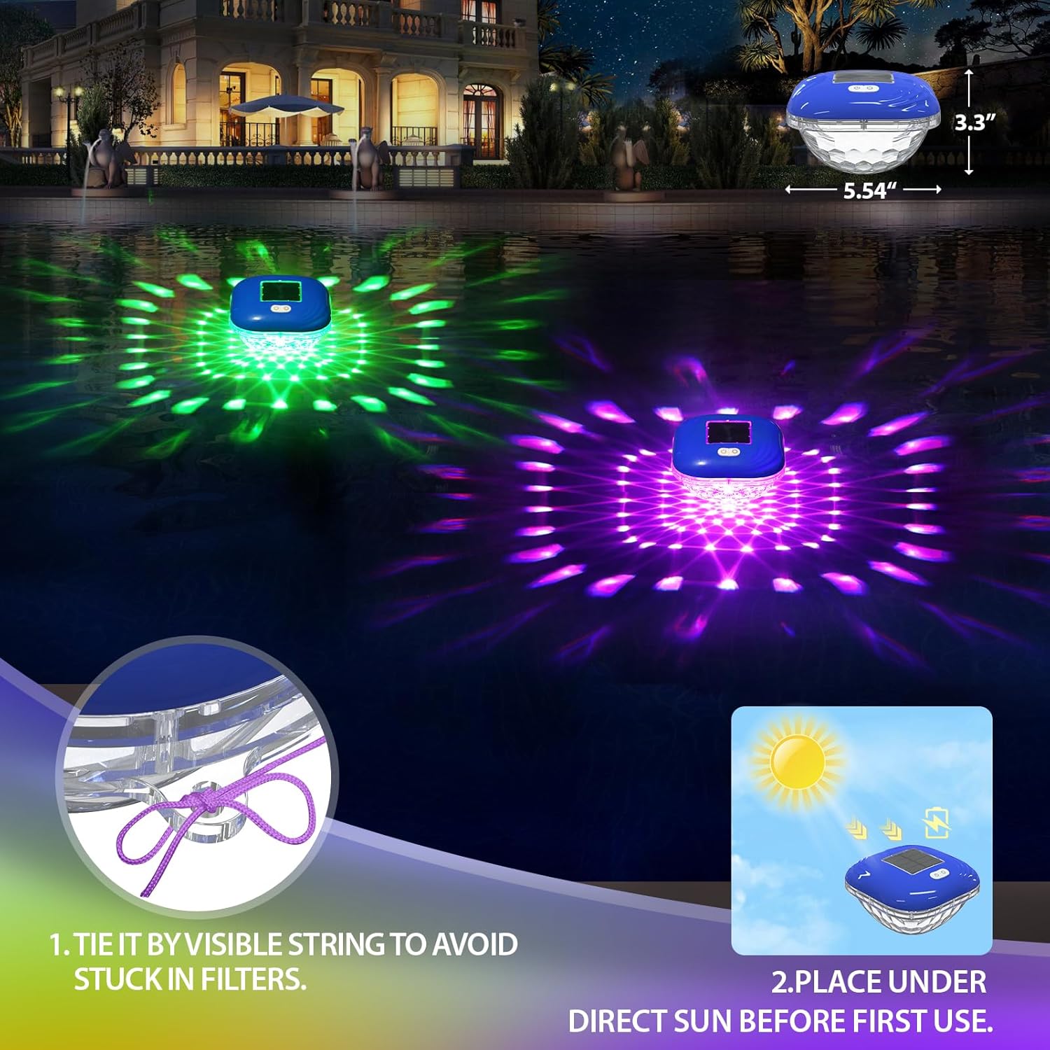 Floating Pool Lights, RGB Color Changing Solar Pool Light That Float for Above Ground Pools with 9 Lighting, IP68 Waterproof Floating Solar Pool Lights for Inground Pool Party Garden Wedding Decor