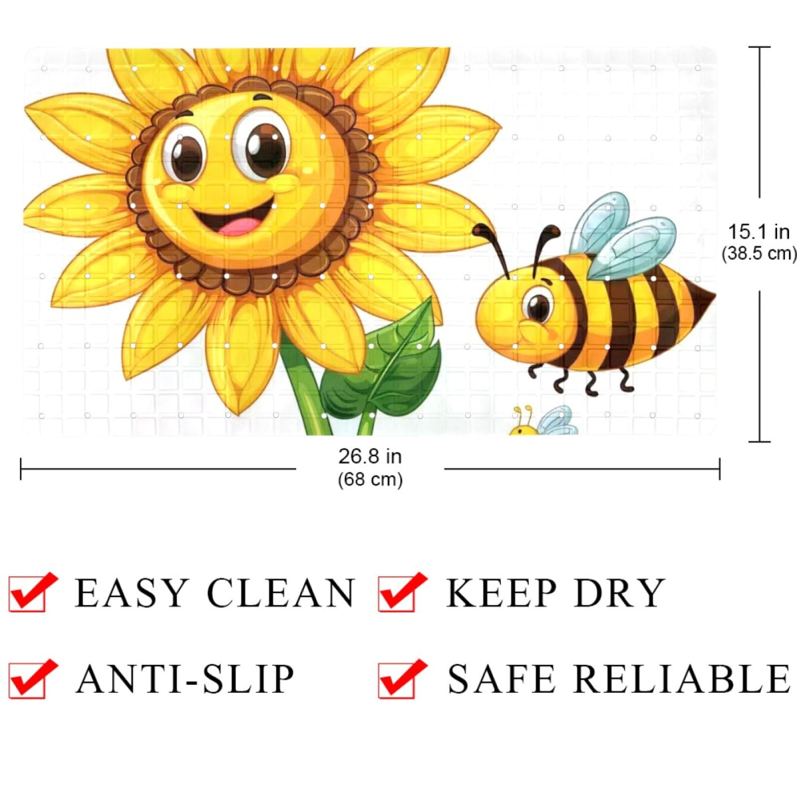 Badematte mit Cartoon-Sonnenblumen-Motiv, Duschmatte für Innendusche, rutschfeste PVC-Badewannenmatten für Badezimmer, nasse Duschbereiche (38,5 x 68 cm)