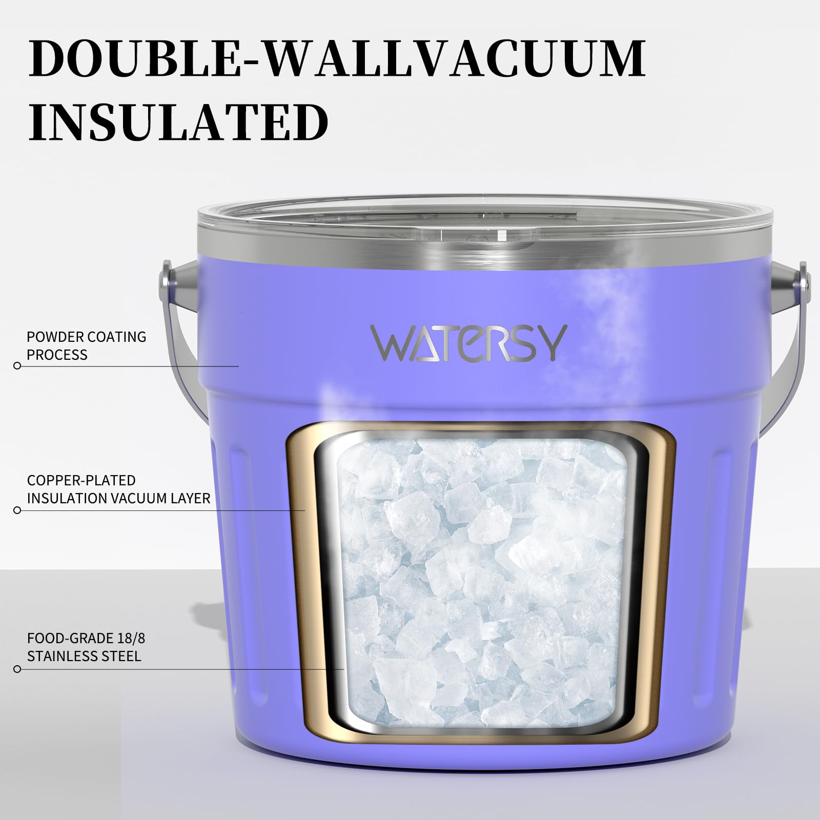 WATERSY de 7.6 L Cubitera con Tapa y Asa, Cubitera para Hielo Reutilizable Acero Inoxidable de Doble con Pinzas y Pala, para Cócteles, Whisky, Cerveza, Bares (Morado)