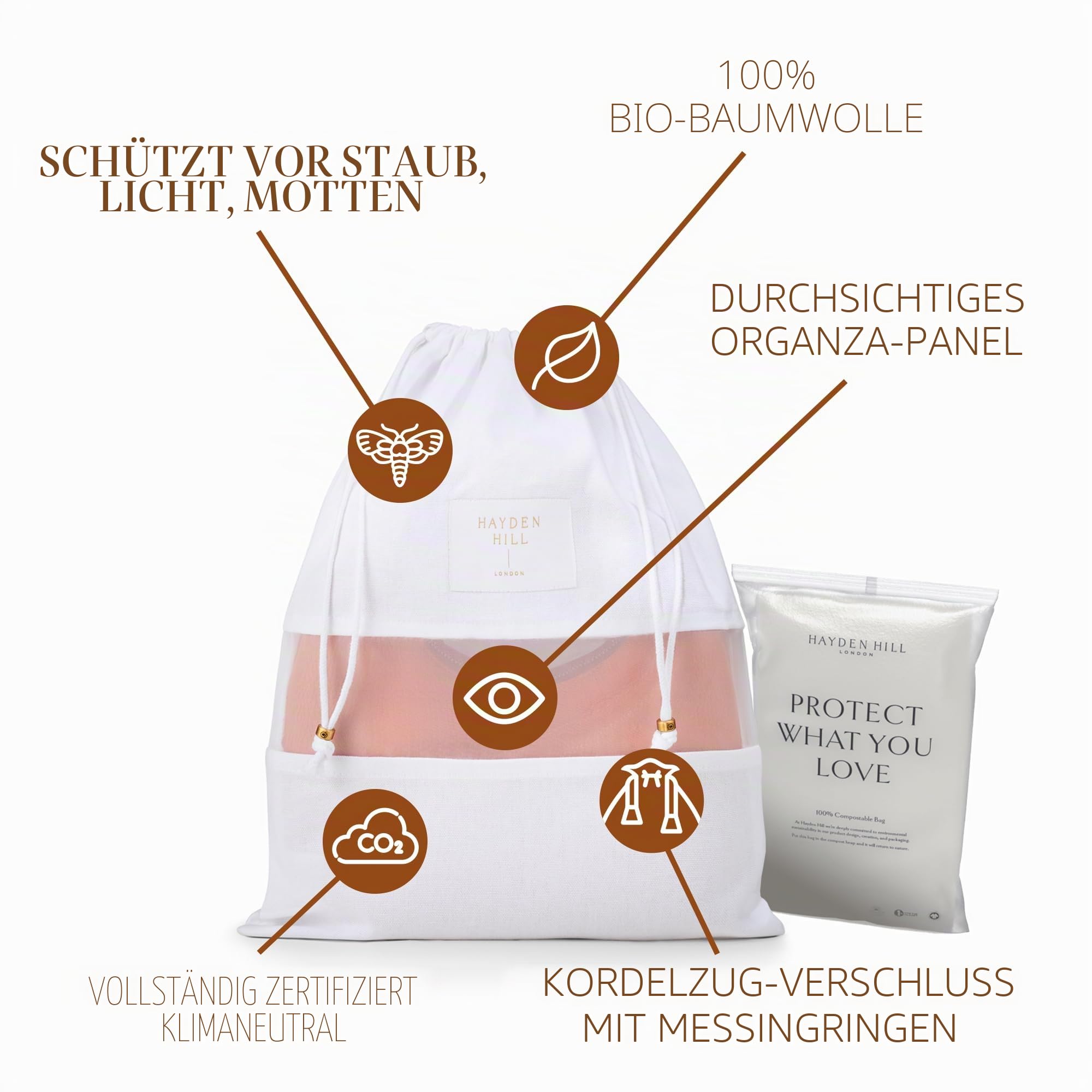 Hayden Hill Luxuriöse Staubbeutel aus Bio-Baumwolle für Handtaschen - 3er-Pack - Taschen Aufbewahrung von Handtaschen, Schuhen und Geldbörsen - Zertifiziert Klimaneutral (Gemischte Größen)