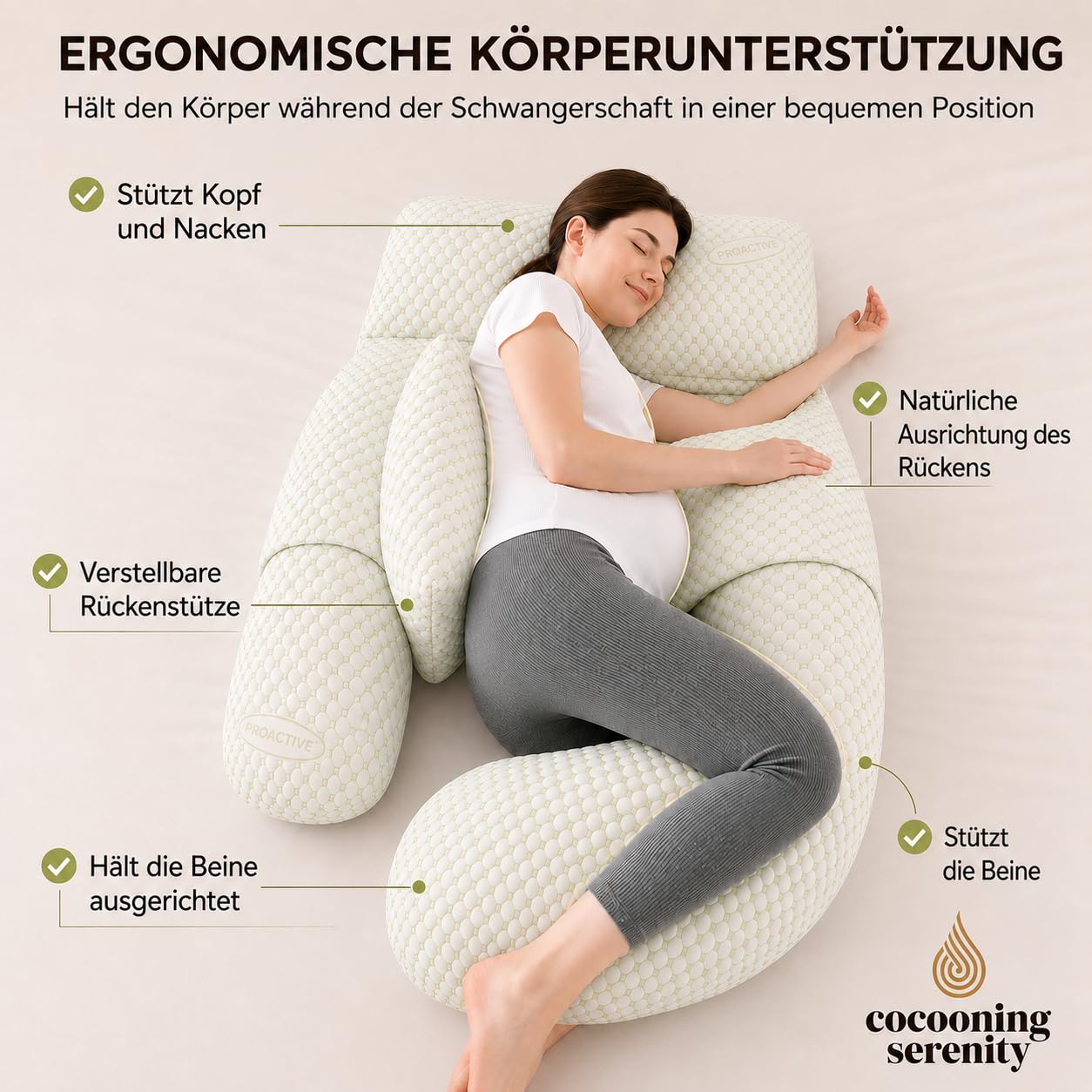 Schwangerschaftskissen XXL – Seitenschläferkissen für Schwangere – Ergonomisches Körperkissen für Bauch, Rücken und Beine – Stillkissen – Waschbarer Bezug – 180 cm