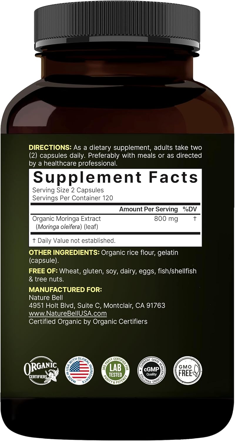 NatureBell Moringa - 240 Capsules - Organic Moringa for Immune, Energy & Skin Health Support* - Green Superfood Properties - Image 7