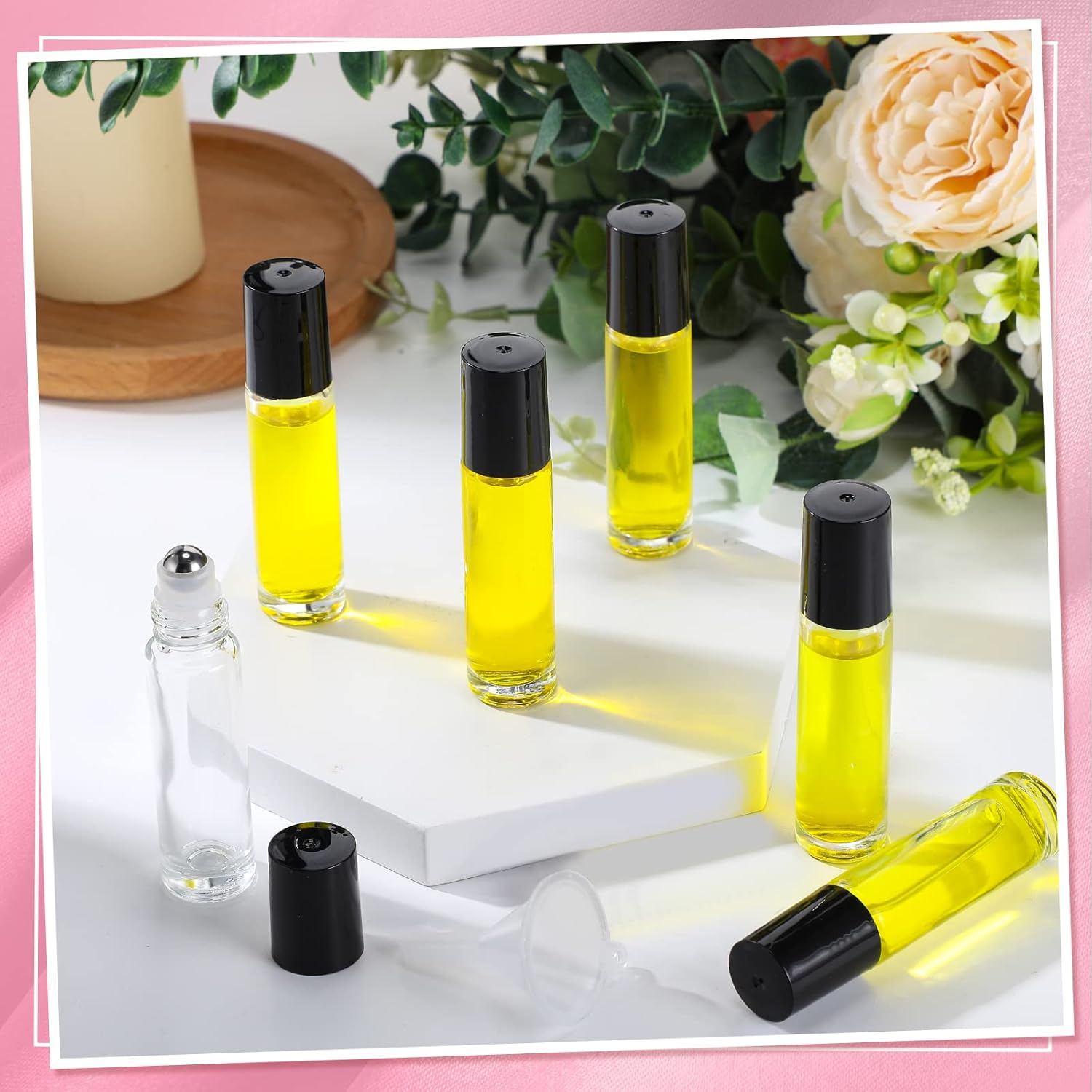 96 Pcs Essential Oil Roller Bottles 10ml Empty Glass Roller Bottles with Stainless Steel Balls Protection Leakproof with 5 Funnel for Travel Perfume Lip Gloss(Clear, Black Lid)