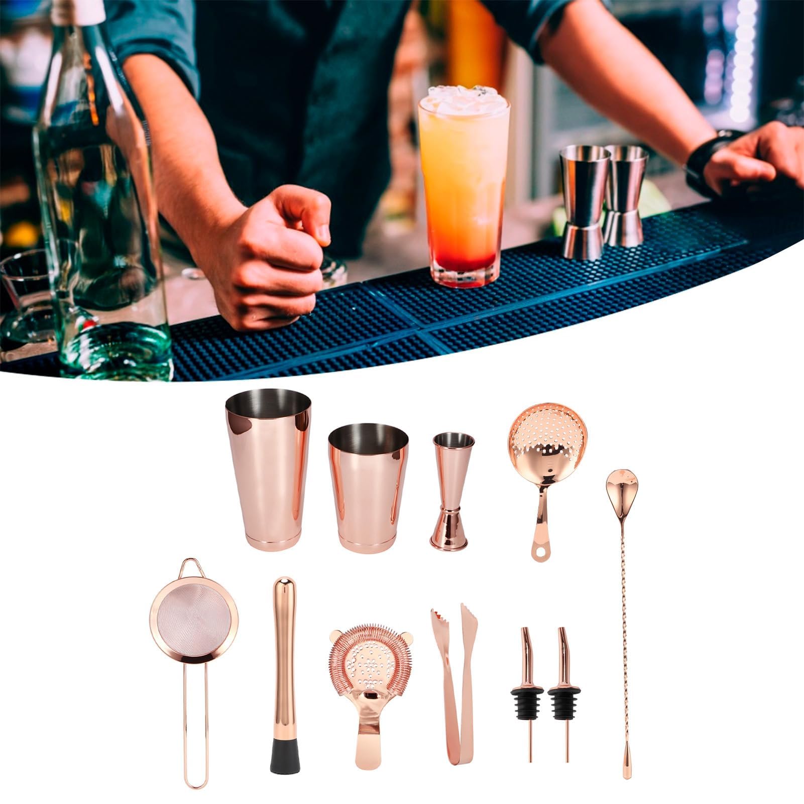 Juego de 11 cocteleras artesanales de acero inoxidable para barman, colador de cócteles, accesorios para fiestas en casa y barman (oro)