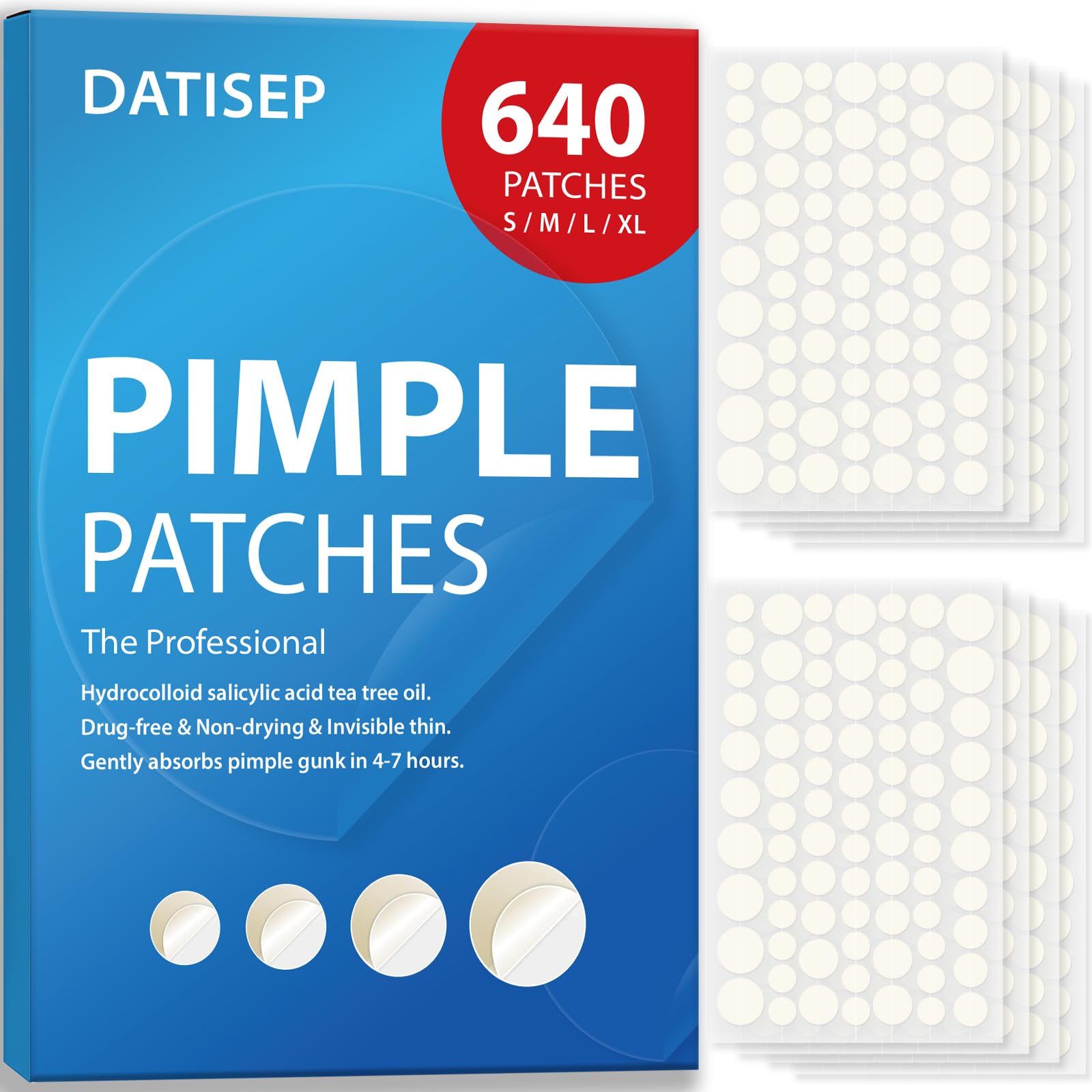 Pimple Patches for Face, 640 Count Hydrocolloid Acne Patches for Face, 4 Sizes Zit Patch for Covering, Blemishes and Breakouts, Dots Stickers with Salicylic Acid, Tea Tree Oil & Calendula Oil