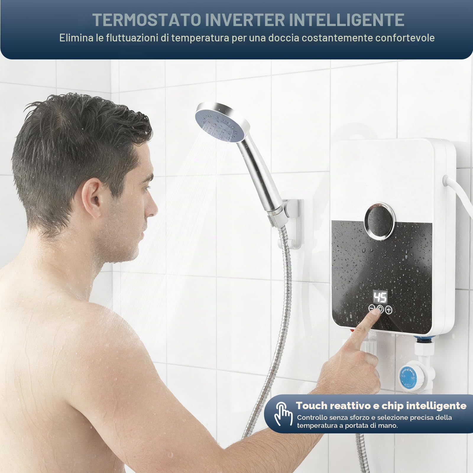 Scaldabagno Istantaneo Elettrico 6000W con Doccetta, Mini Scaldacqua a Cascata con Touchscreen LED per Cucina e Bagno, Classe A, in Acciaio Inox