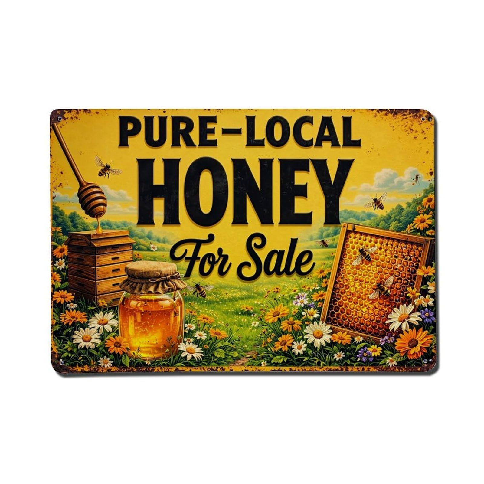 Pure Local Honey For Sale Vintage Tin Sign Retro Metal Wall Decor Metal Poster, Home Bar Garage Farmhouse Cafe Wall Art Decoration 8x12Inches