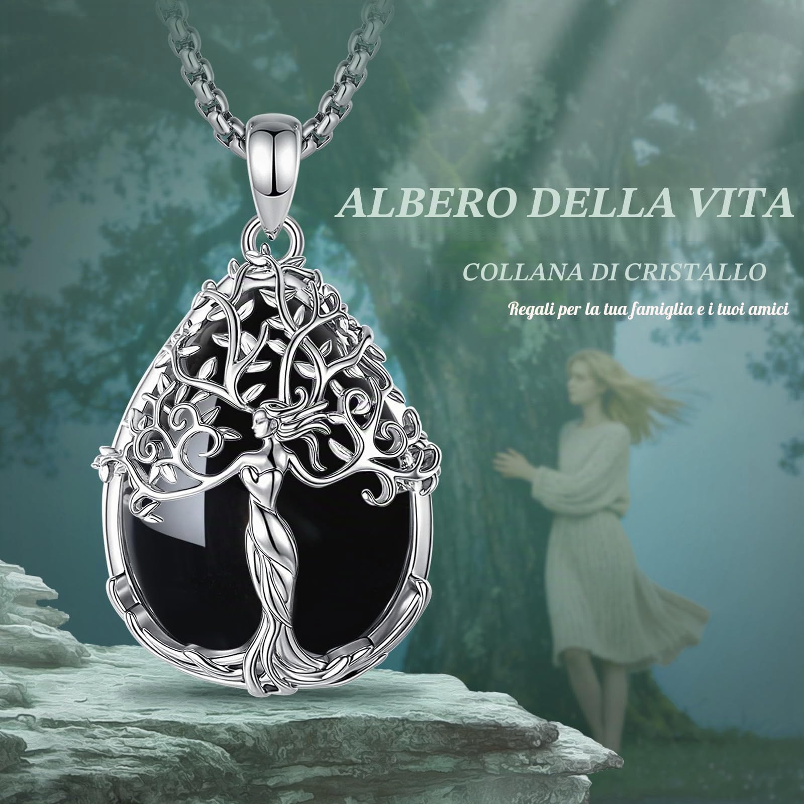 CELESTIA Ciondolo Albero della Vita Collana Donna con Ametista Ossidiana Pietra di Luna Regalo Compleanno, Festa della Mamma