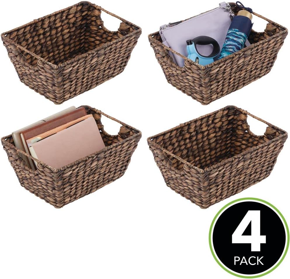 🔥 mDesign Natural Woven Hyacinth Closet Storage Organizer Basket Bin for Kitchen Cabinets, Pantry, Bathroom, Laundry Room, Closets, Garage - 4 Pack - Dark Brown