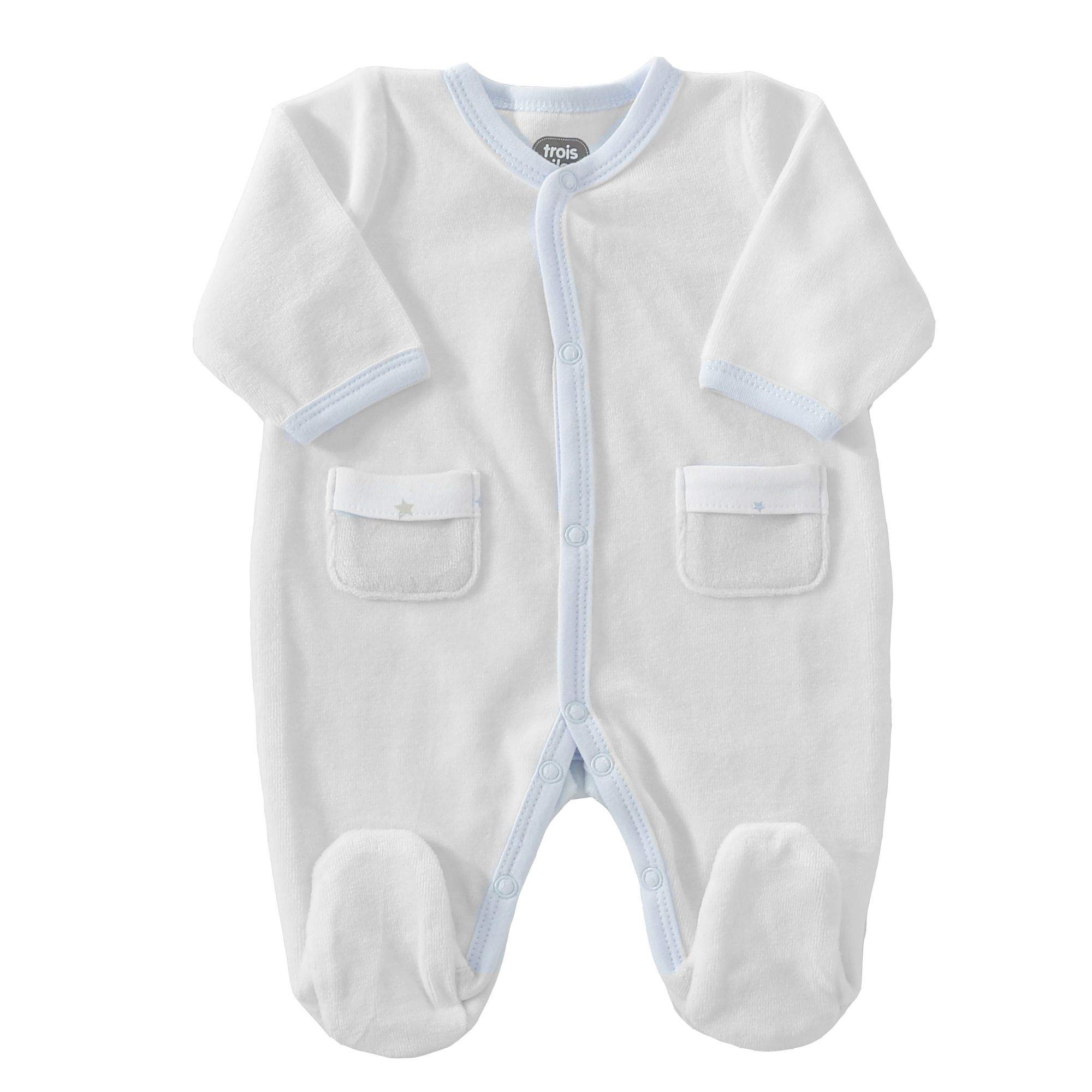 TROIS KILOS SEPT - Kit Naissance 6 Pièces - 1 mois - Velours Blanc - Motif Lune - (Pyjama, Body, Bonnet, Moufles, Chaussons et Pochon de Rangement) - Cadeau Bébé Mixte Garçon et Fille