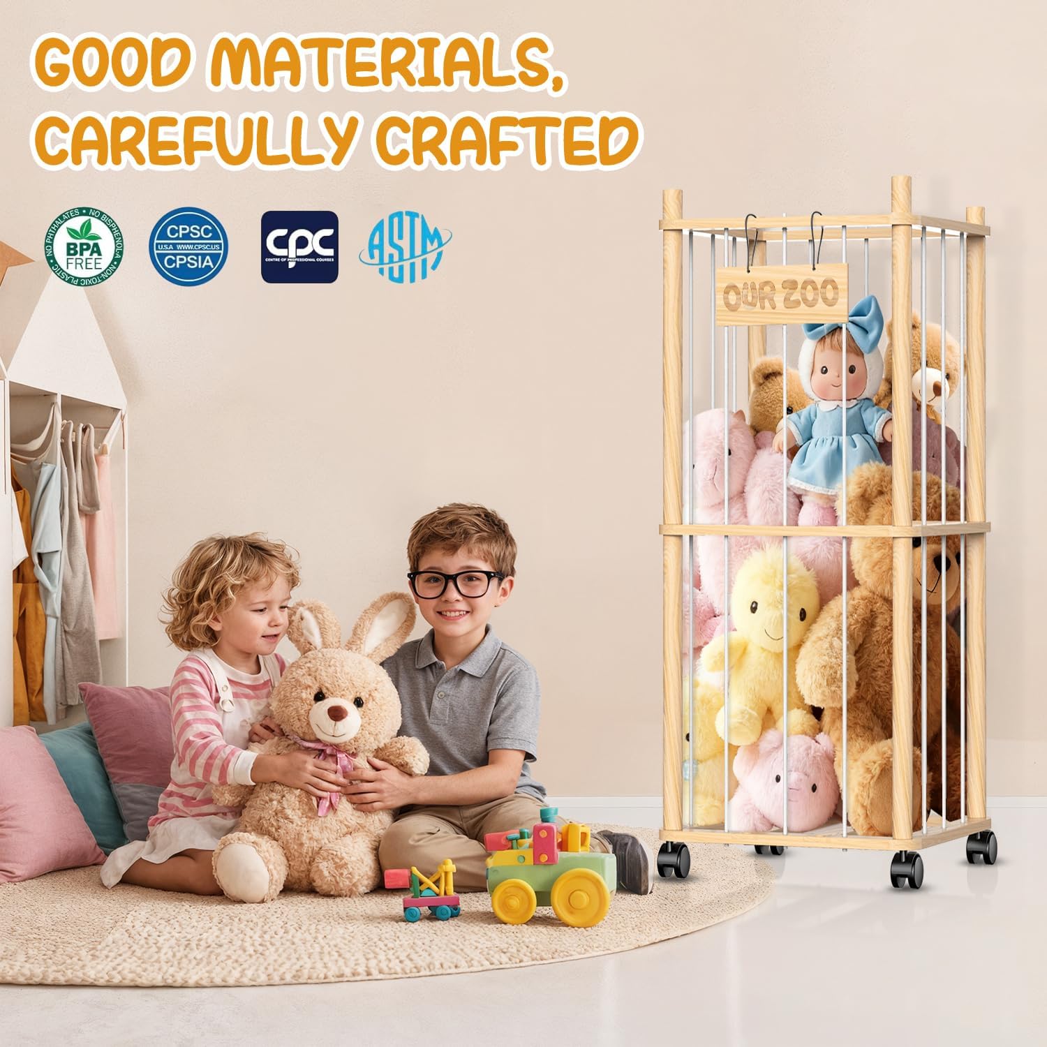Stuffed Animal Storage Organizer, Wooden Plushies Toy Zoo Holder with Wheels, Large Capacity Storage Tower for Toys, Mobile Toy Holder Cage for Kids Playroom, Nursery, Toddler Room, 2 Tier, Log