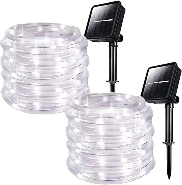Solar Powered String Lights, 2 Pack Outdoor Solar Rope Fairy Lights Waterproof 8 Modes 100 LED Copper Wire Decorative Tube Light for Christmas Tree Garden Patio Wedding Party Thanksgiving (Cool White)
