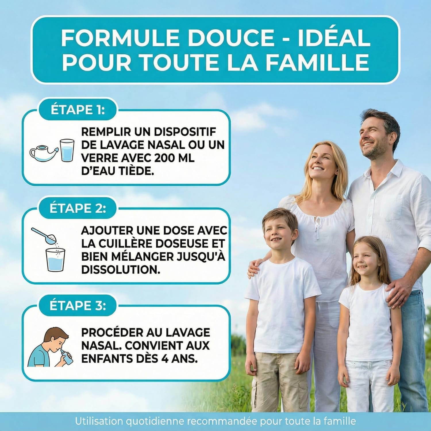 Sel de Rinçage Nasal 380g Format Familial XXL - 152 Doses avec Cuillère Doseuse - Sel Nasal Extra Pur - Solution Saline Isotonique pour Douche Nasale Lavage de Nez Adulte Enfant - Sans Additifs