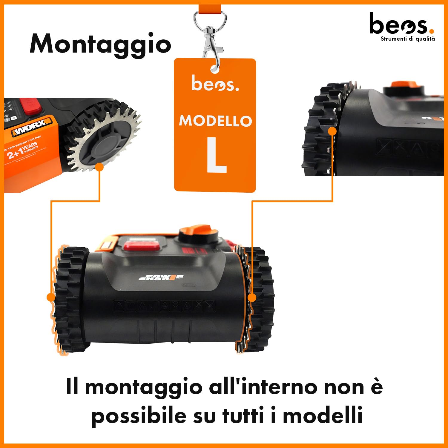 BEOS® Puntali in Acciaio Inox di qualità per Worx Landroid L & Vision, lucidati, Fori per Viti Svasate, 12 Viti in Acciaio Inox, trazione migliorata del rasaerba robotizzato, Dimensione Ruota: 225 mm