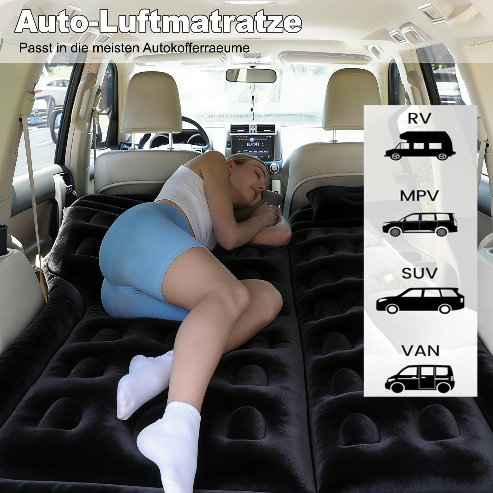 Materasso ad aria per SUV, materasso gonfiabile per sedile posteriore del camion, materasso ad aria pieghevole con superficie floccata, letto ad aria portatile per tenda da (Black)