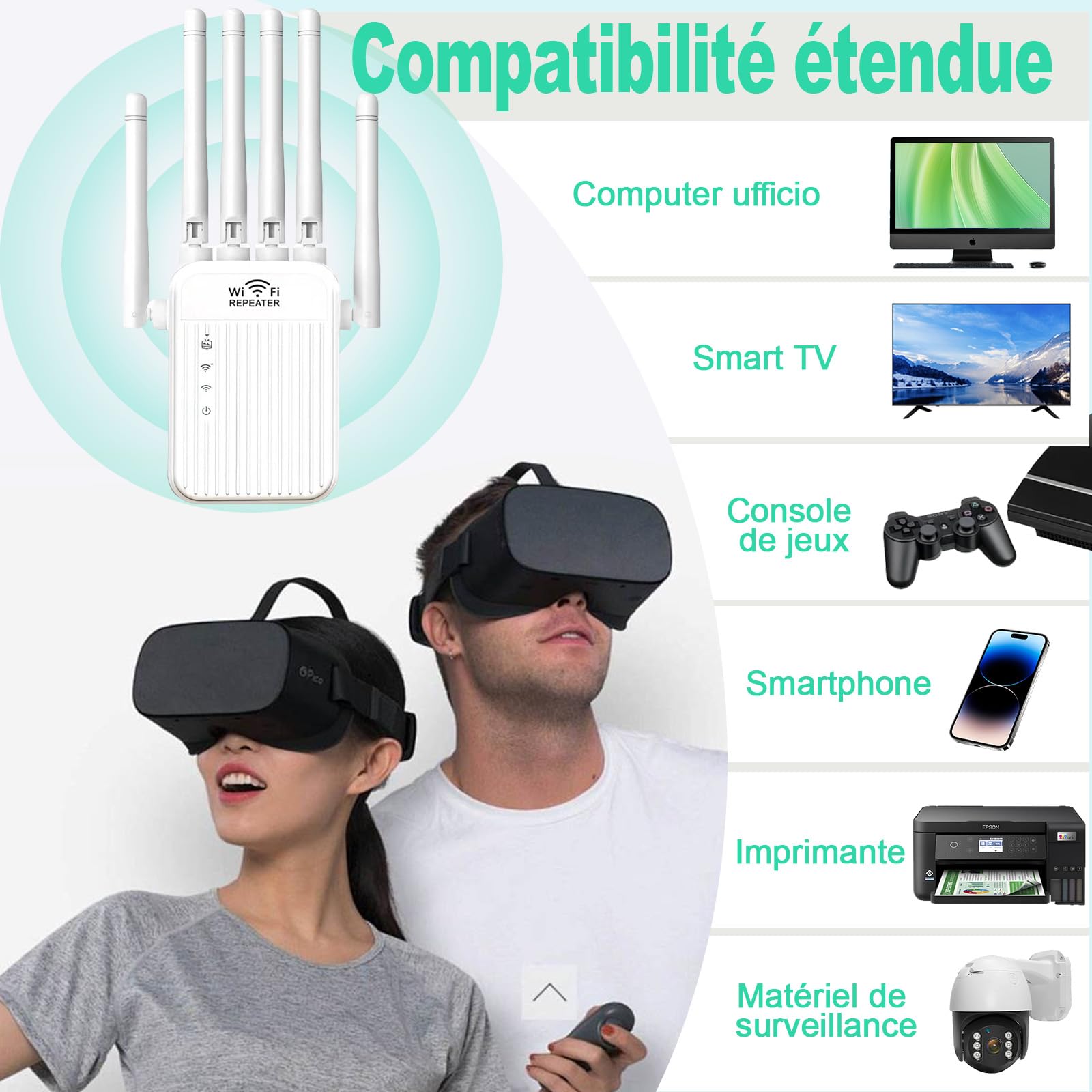 Répéteur WiFi Puissant 5G 2.4G - Amplificateur de Signal 6 Antennes, Coupure 1000 m², 2 Rj45 Ports LAN, Mode Répéteur & Routeur & AP,pour Maison & Bureau