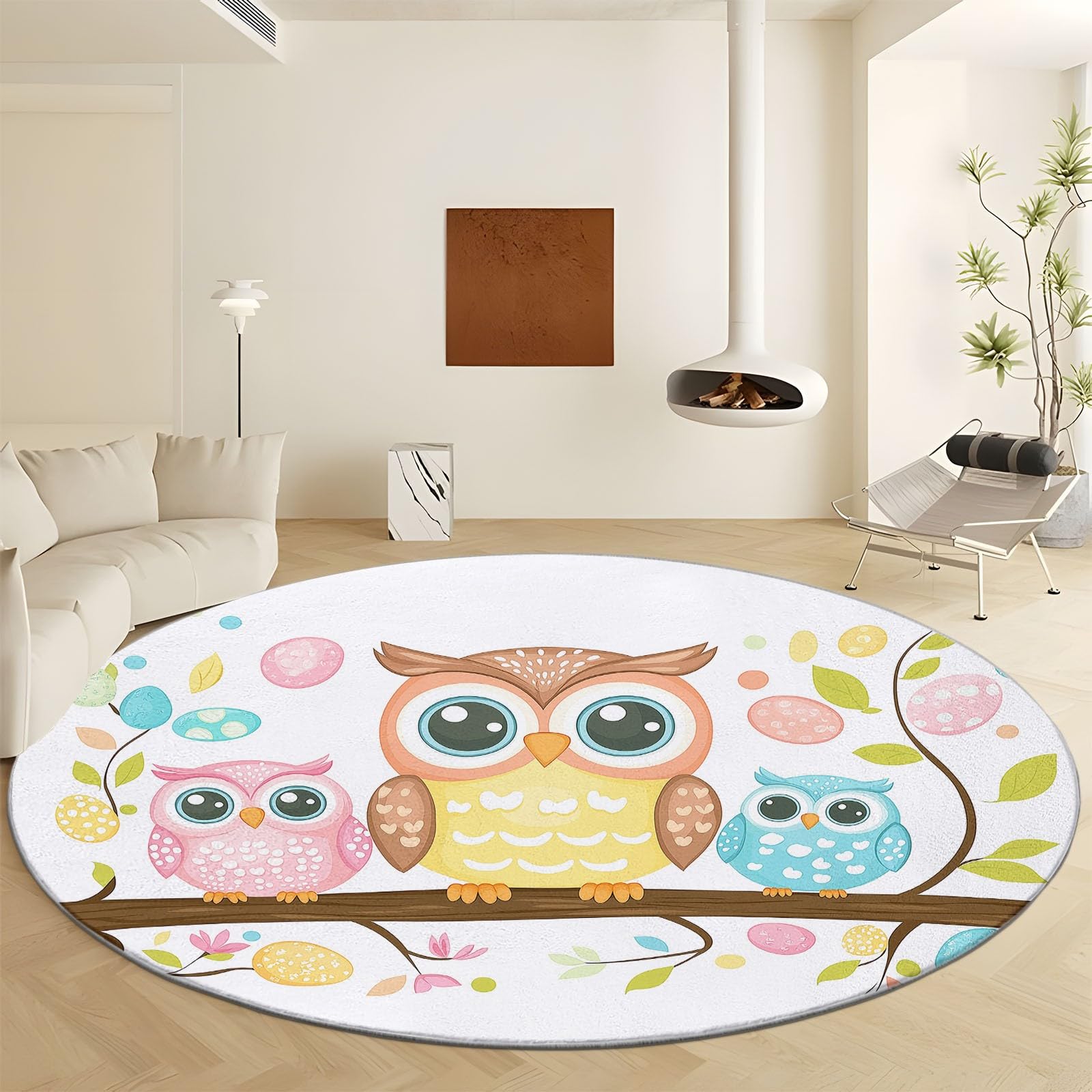 Runde Teppiche 100 cm Teppich, Cartoon Tier Eule Bedruckte Dekorteppiche, Cartoonstil rutschfeste Runde Teppiche, Waschbar Runde Teppiche für Wohnzimmer, Schlafzimmer