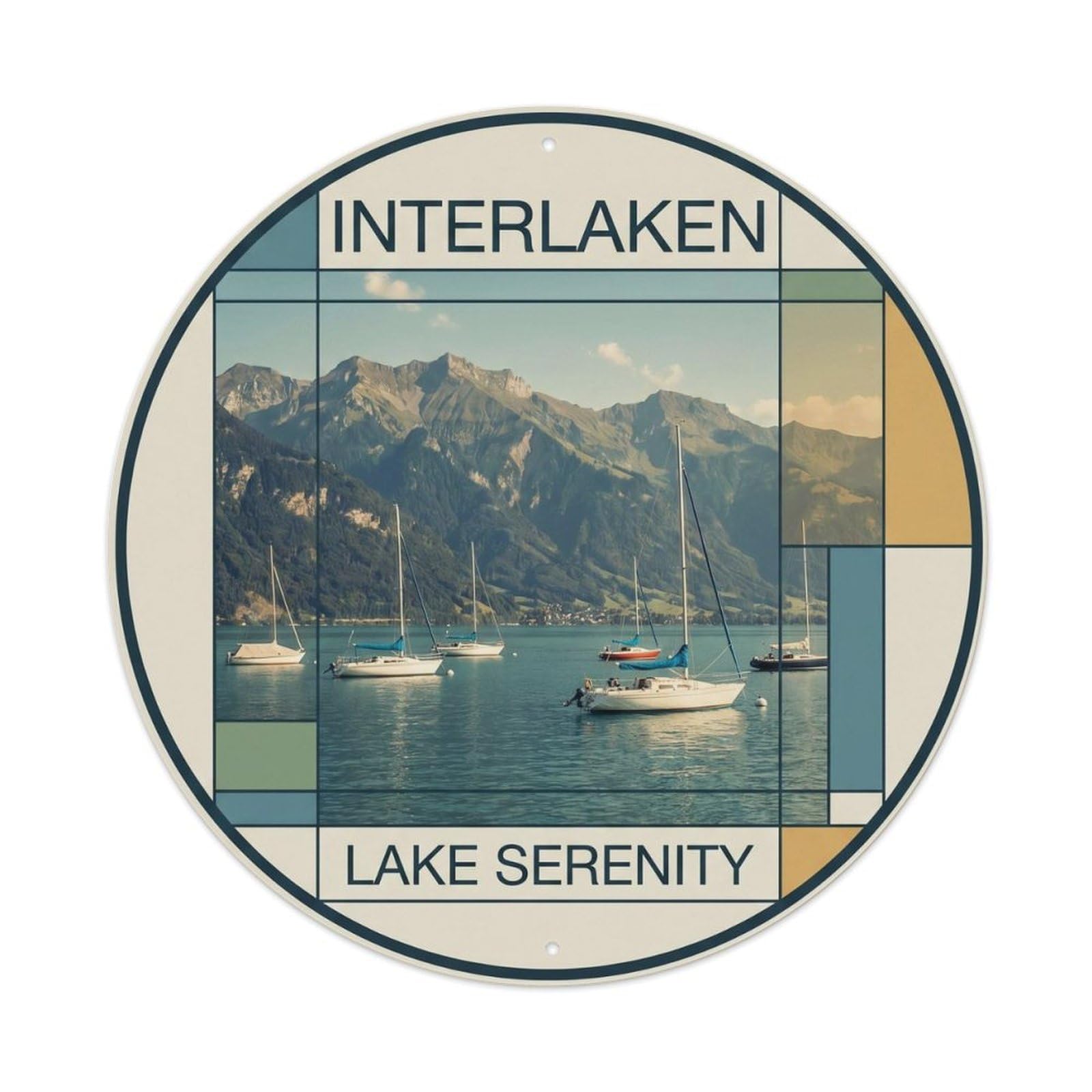 Interlaken Switzerland Lake Serenity Alpine Travel Map Metal Tin Sign Plaque Wall Decor for Cafe, Man Cave, Club Bar, Office, Home Garden Round Metal Poster 8x8Inch