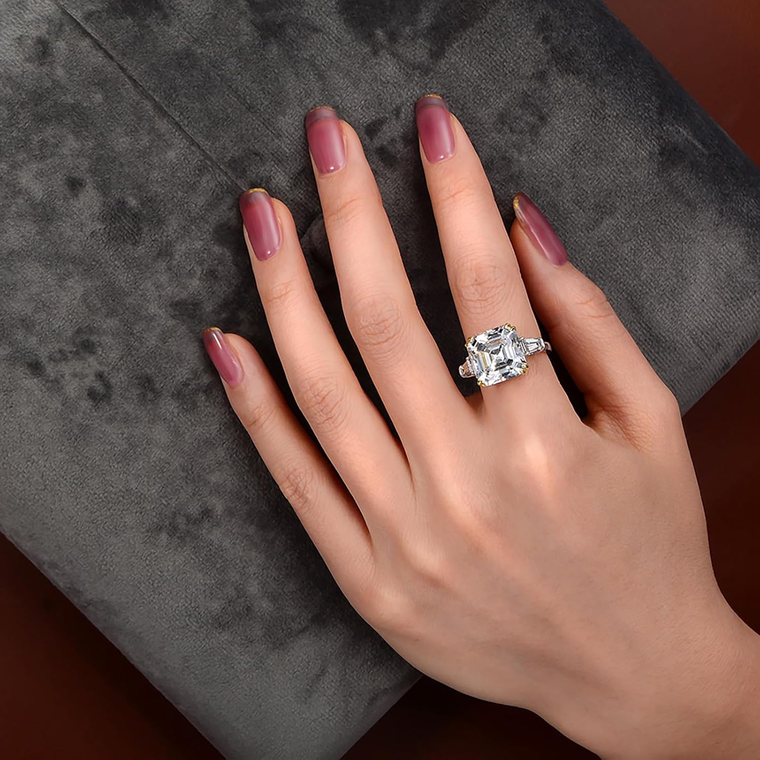 7CT Engagement Ring for Women,925 Sterling Silver (Size 9) Asscher Cut 12x12MM Simulated Diamond 5A Cubic Zirconia Three Stone Wedding Ring, Promise Anniversary Christmas Gift for Her - Image 4