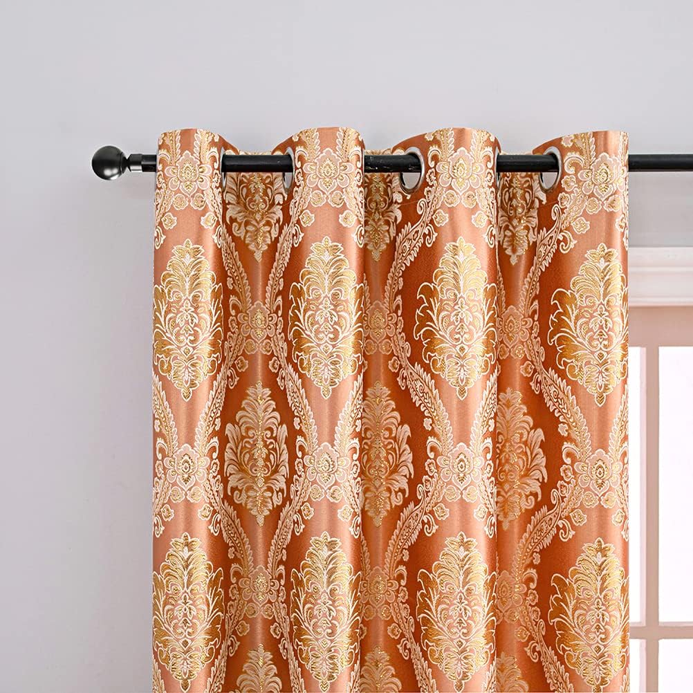 ELKCA Jacquard Luxury Curtains Panels Window Curtains for Living Room,Grommet Top, Pack of 2 (Damask-Coffee, 52" W x 96" L)