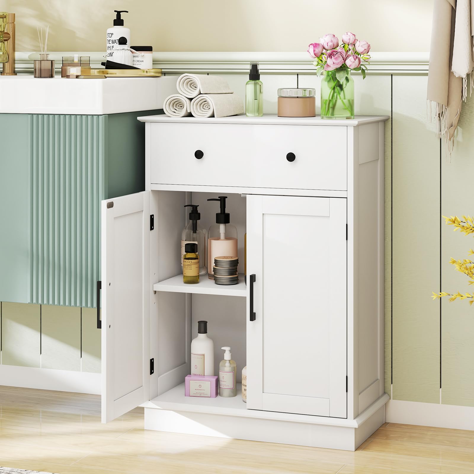 LIFEZEAL Armoire de Salle de Bain autoportante avec 2 tiroirs et Portes, Armoire de Salle de Bain avec étagère réglable, Meuble de Sol pour Salle de Bain, Salon, Cuisine (Blanc)