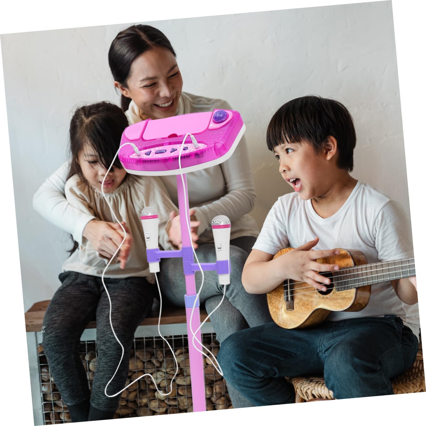 Microfoni Karaoke Giocattolo Rosa con Supporto Doppio Microfono Interattivo per Canto e Gioco Musicale Educativo