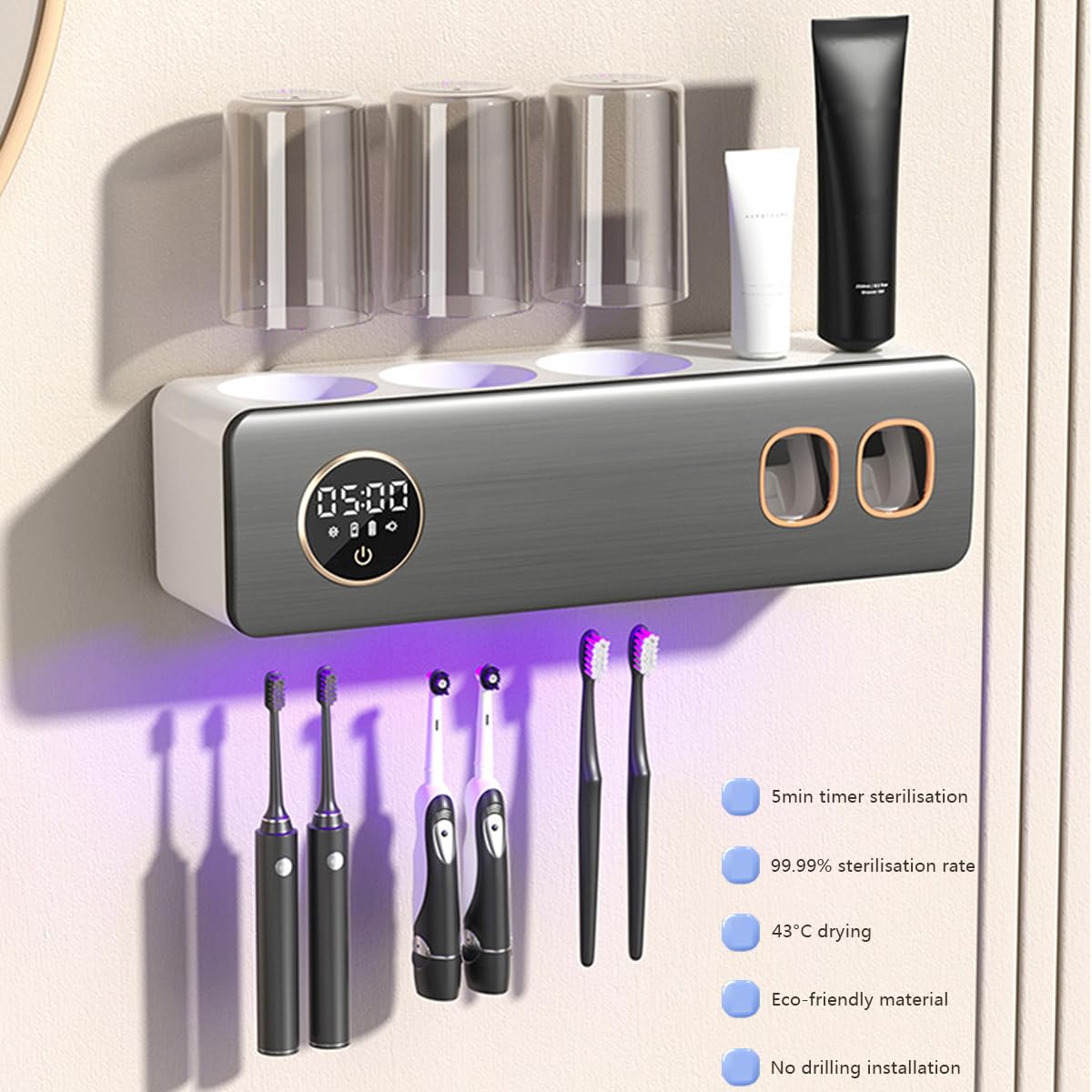 LANMOU Desinfectante UV para Cepillos de Dientes Soporte de Cepillo de Dientes Familiar Montado en la Pared con Esterilizador y Función de Secado, Portacepillos Eléctricos con 3 Vasos (Grey White)