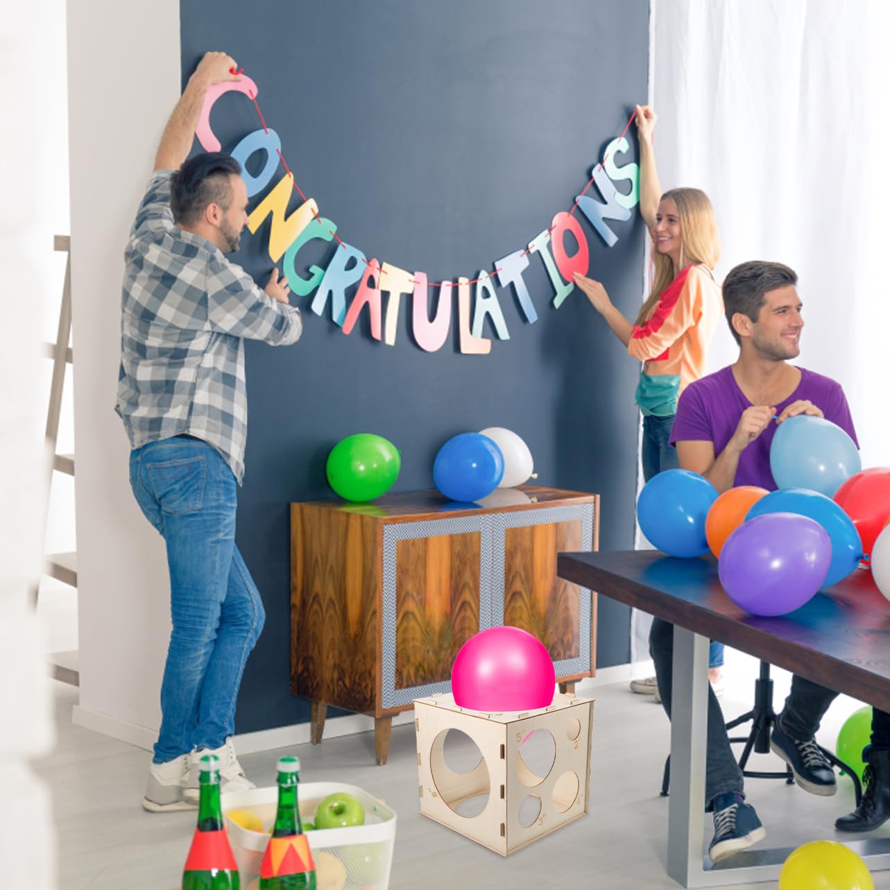 Scatola di Misurazione 9 Fori ad Alta Precisione per Palloncini Pieghevole Cubo Compatto in Legno per Decorazioni di Eventi e Feste