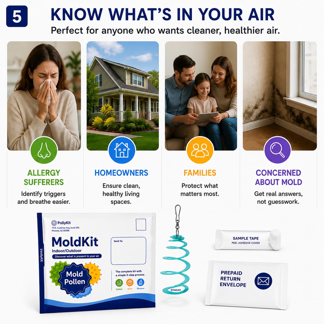 MoldKit by PollyKit Indoor & Outdoor Air Sample Collection Kit – Easy 3-Step Mail-in Environmental Air Sampling Kit with Lab-Reviewed Results