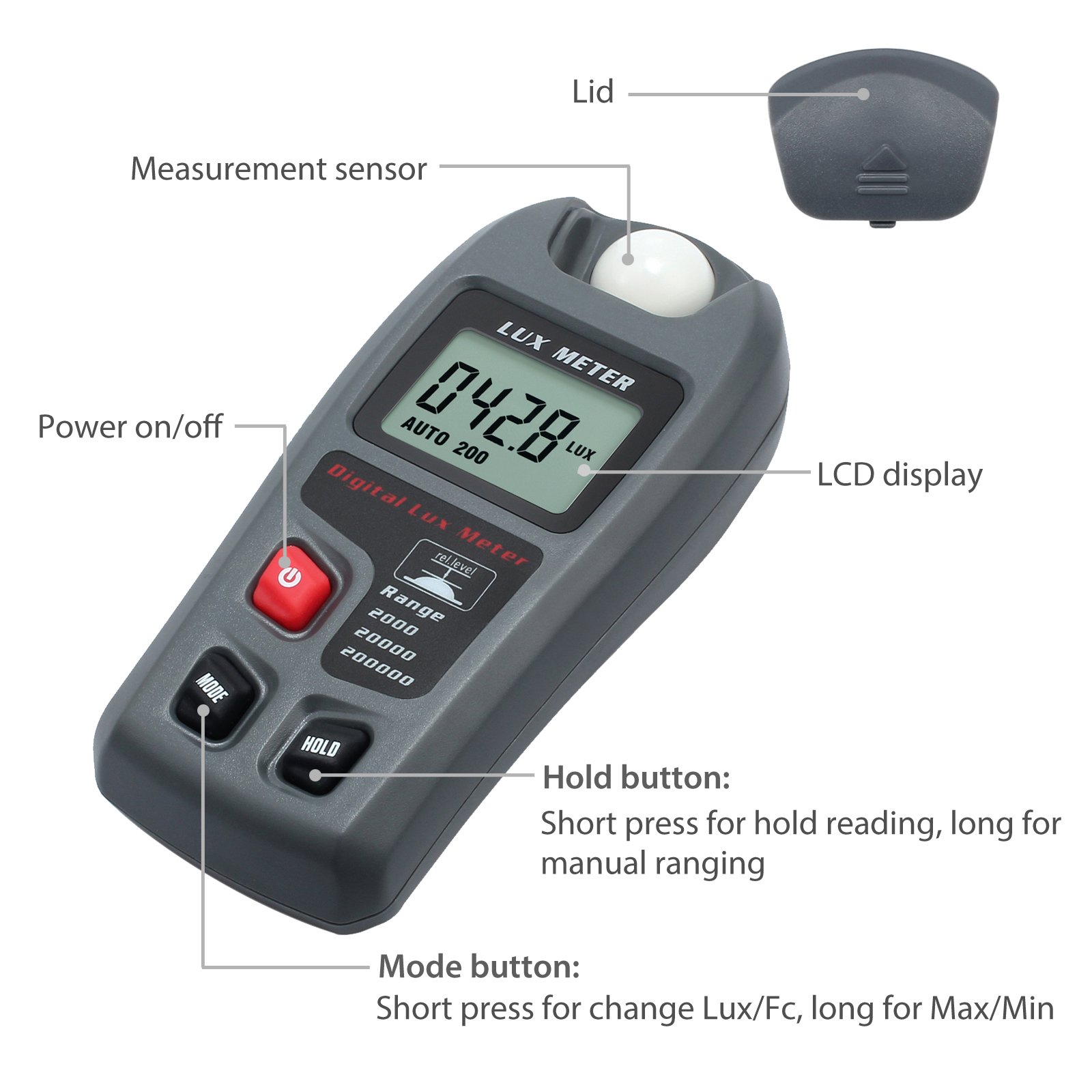 Neoteck Digitale Light Meter 20000 Fc/200000 Portatile Esposimetro Digitale Tascabile Portatile LCD Misuratore di Luce Digitale Ampia Usato per Scuola Famiglia Industria Magazzino Laboratorio